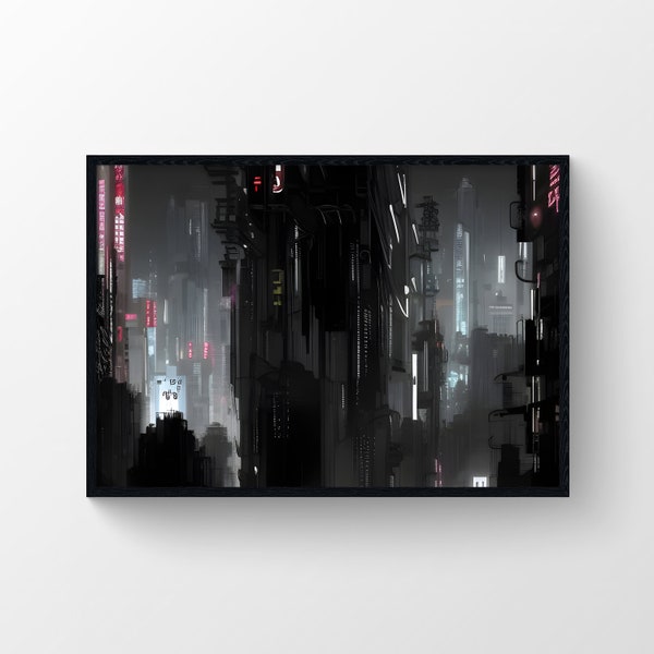 Cyber Sci-Fi Landscape Printing - "Cyber City" Dark Wall Art, Futuristic Printable Digital Download, White and Black Landscape Printable Art