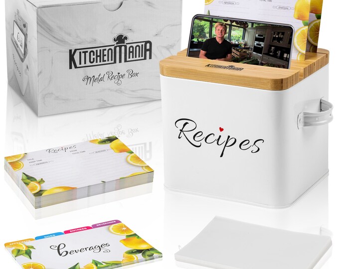 Metal Recipe Box With Cards and Dividers, Bamboo Lid With Phone Holder