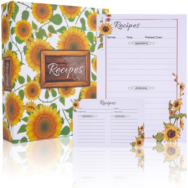 KitchenMania Sunflower Recipe Binder Kit,8.5x9.5 Recipe Ring Binder 3 Ring Organizer Set with 50 Recipe Cards 4x6, 12 Category Dividers