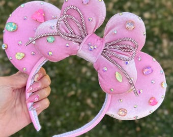 Pink velvet rhinestones Minnie ears.