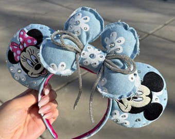 Minnie and mickey Denim embroidery mouse ears.