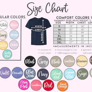 Puede incluir: Tabla de tallas para una camiseta Comfort Colors 1717 te&ntilde;ida en prenda de peso pesado. La tabla incluye medidas en pulgadas para ancho, pecho y largo, junto con una paleta de colores populares.