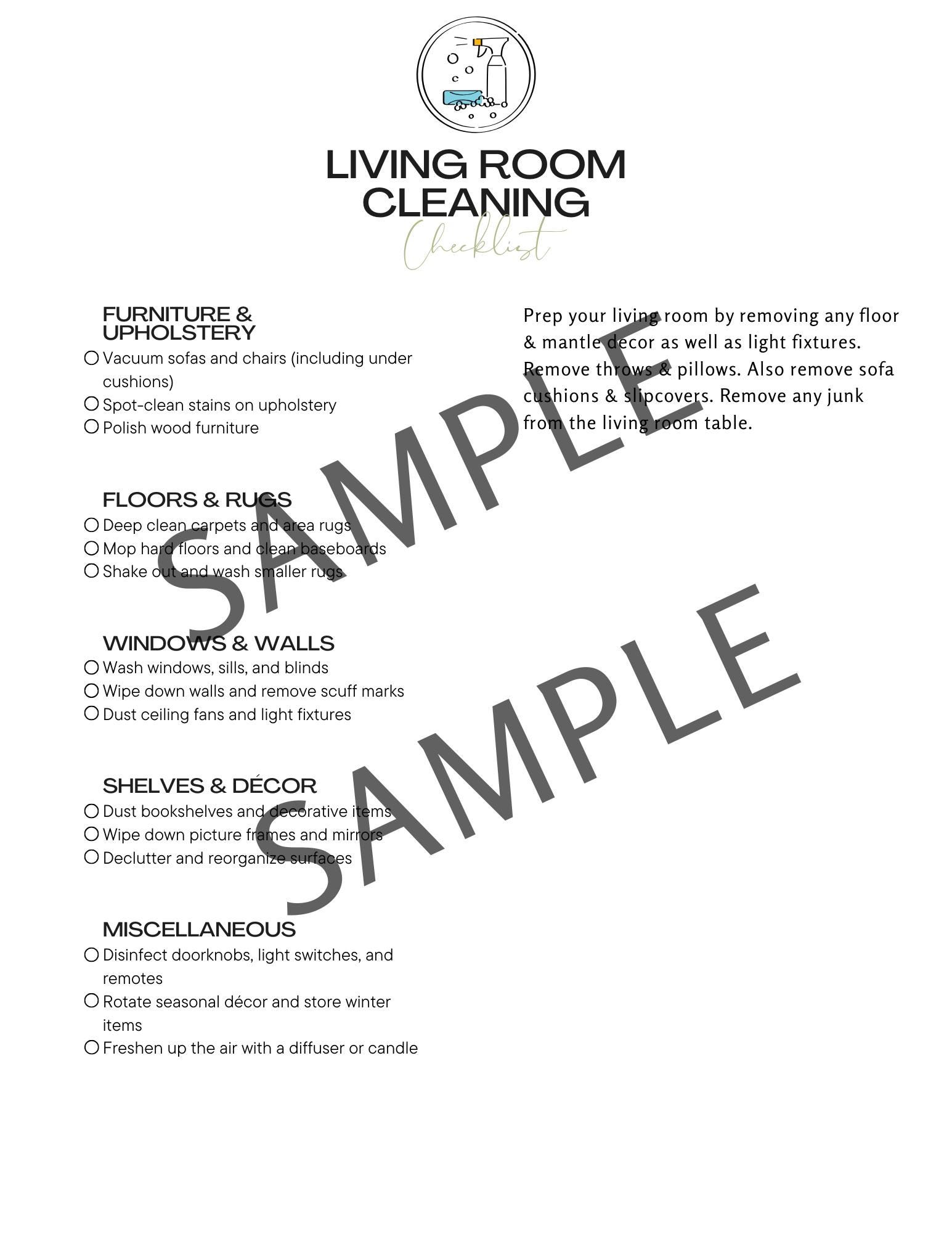 Printable Spring Cleaning Checklists - Room by Room - Etsy