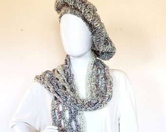 Hand Crochet Scarf and Beret Set: Cream, Rose, and Teal Acrylic