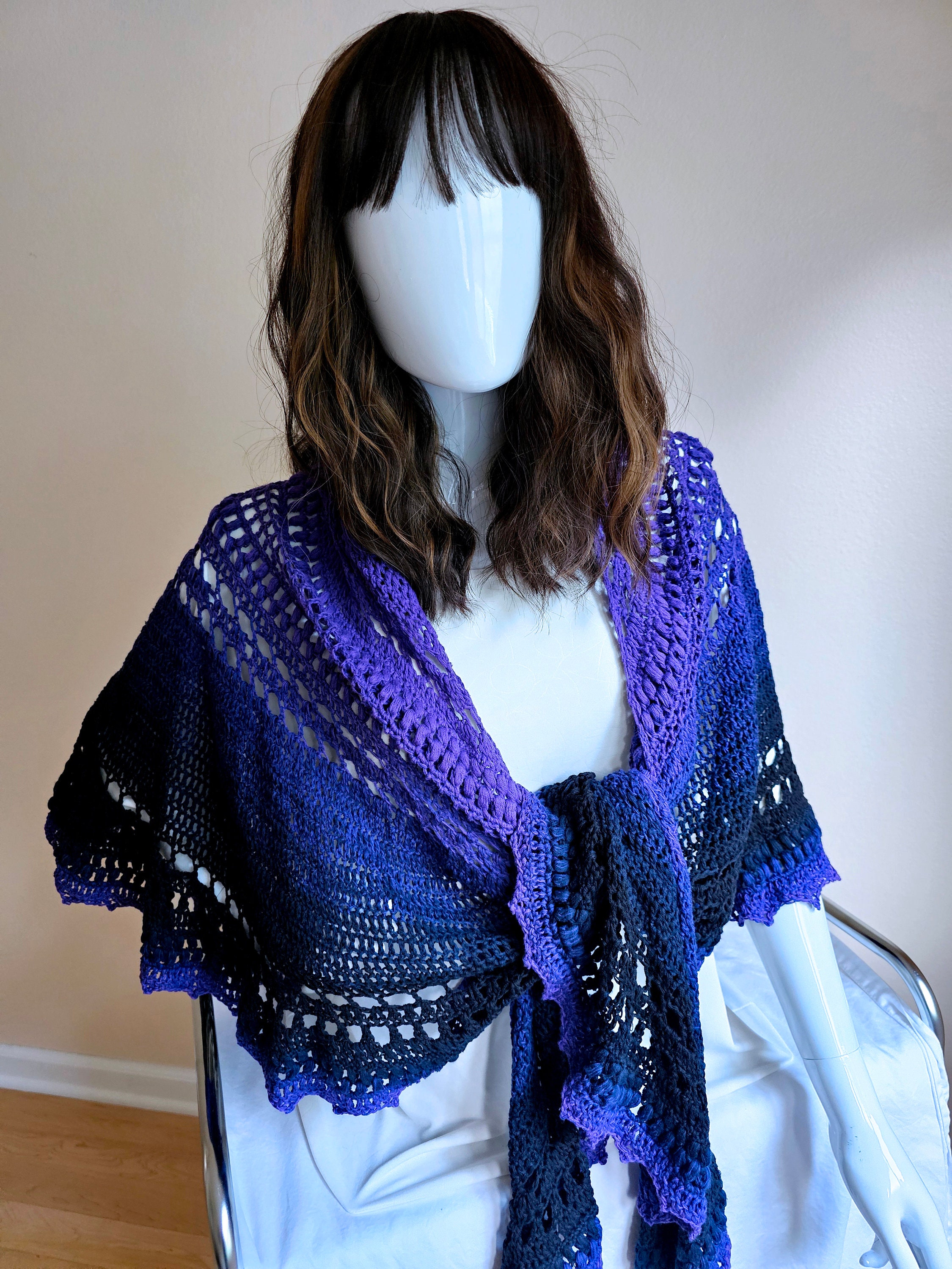 Purple Black Triangular Shawl - Handcrafted Crochet Cotton Wrap, Large Cozy Scarves for Winter, Whimsigoth Gift for Her, 3 Season Accessory - Thumbnail 7