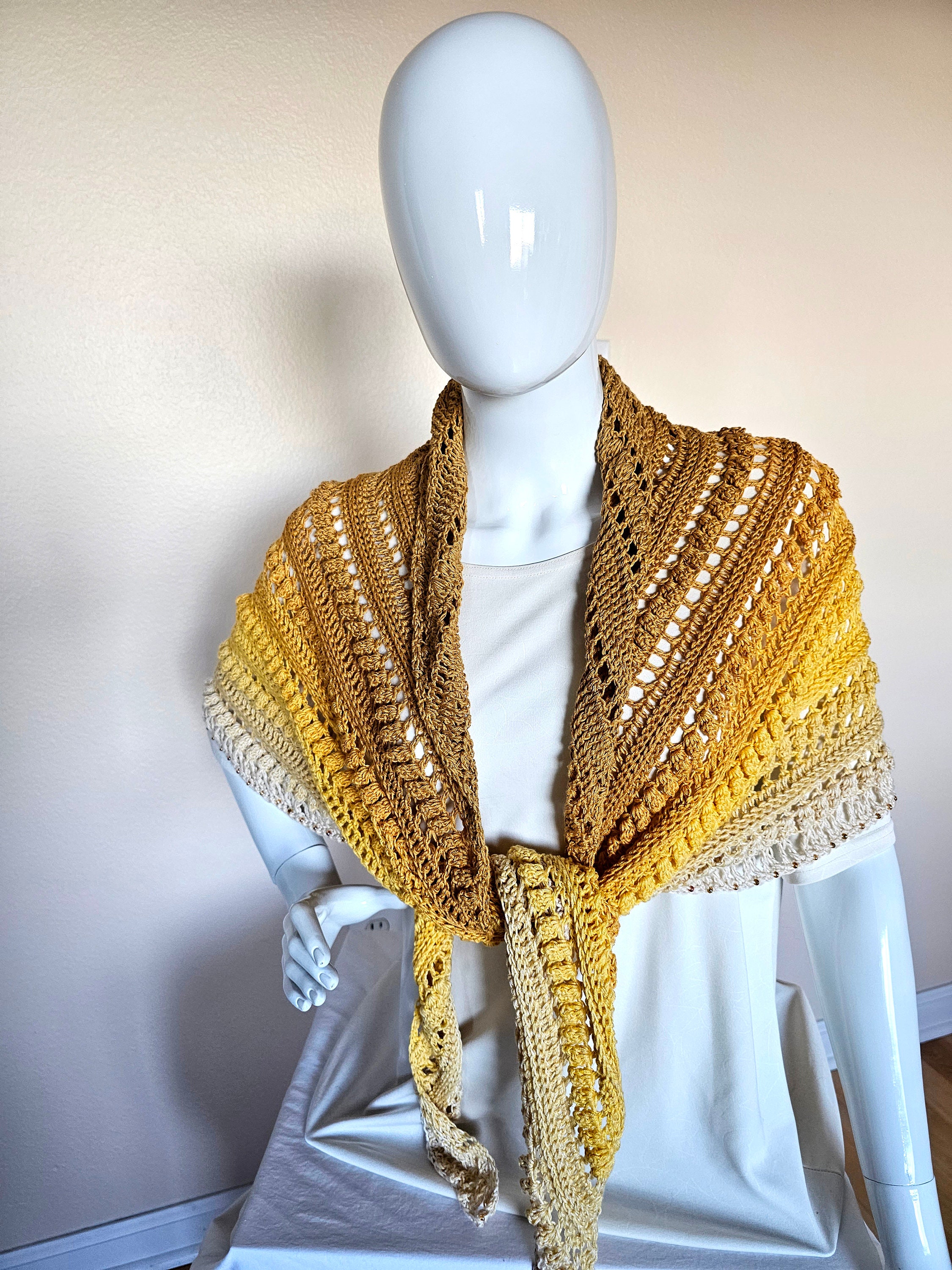 Hand Crochet Wrap. Wedding shawl. Bridesmaid wrap. Prom accessory. Beaded shawl. Princess wrap. Bridal stole. Gift for her. Gold and Cream. - Thumbnail 5