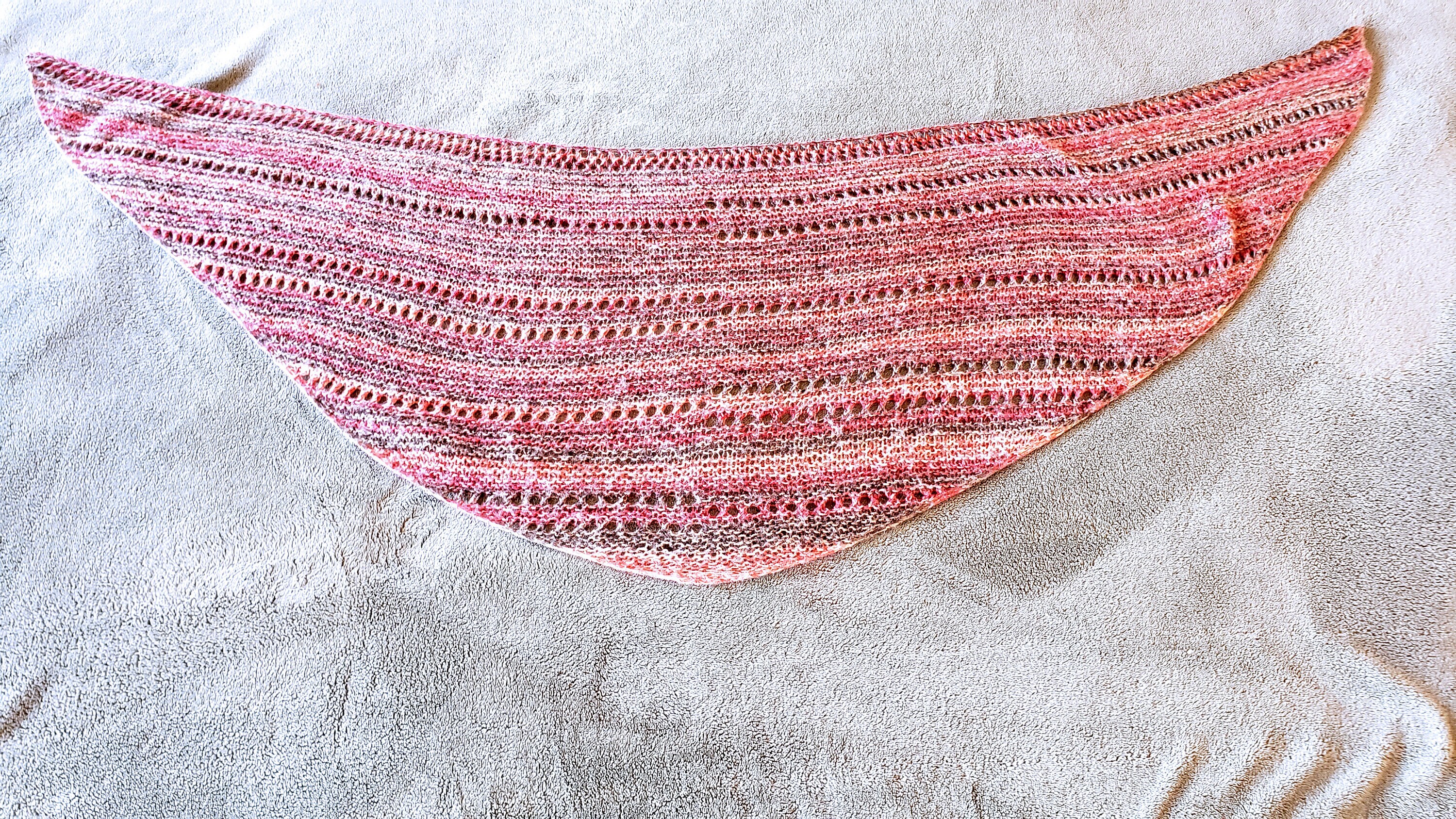 Lacy Semi-circular Shawl. Hand knit shawlette. Pink, brown, coral shawl. Angora blend scarf. Light and Lacy Striped Wrap. Women's Gift. - Thumbnail 6