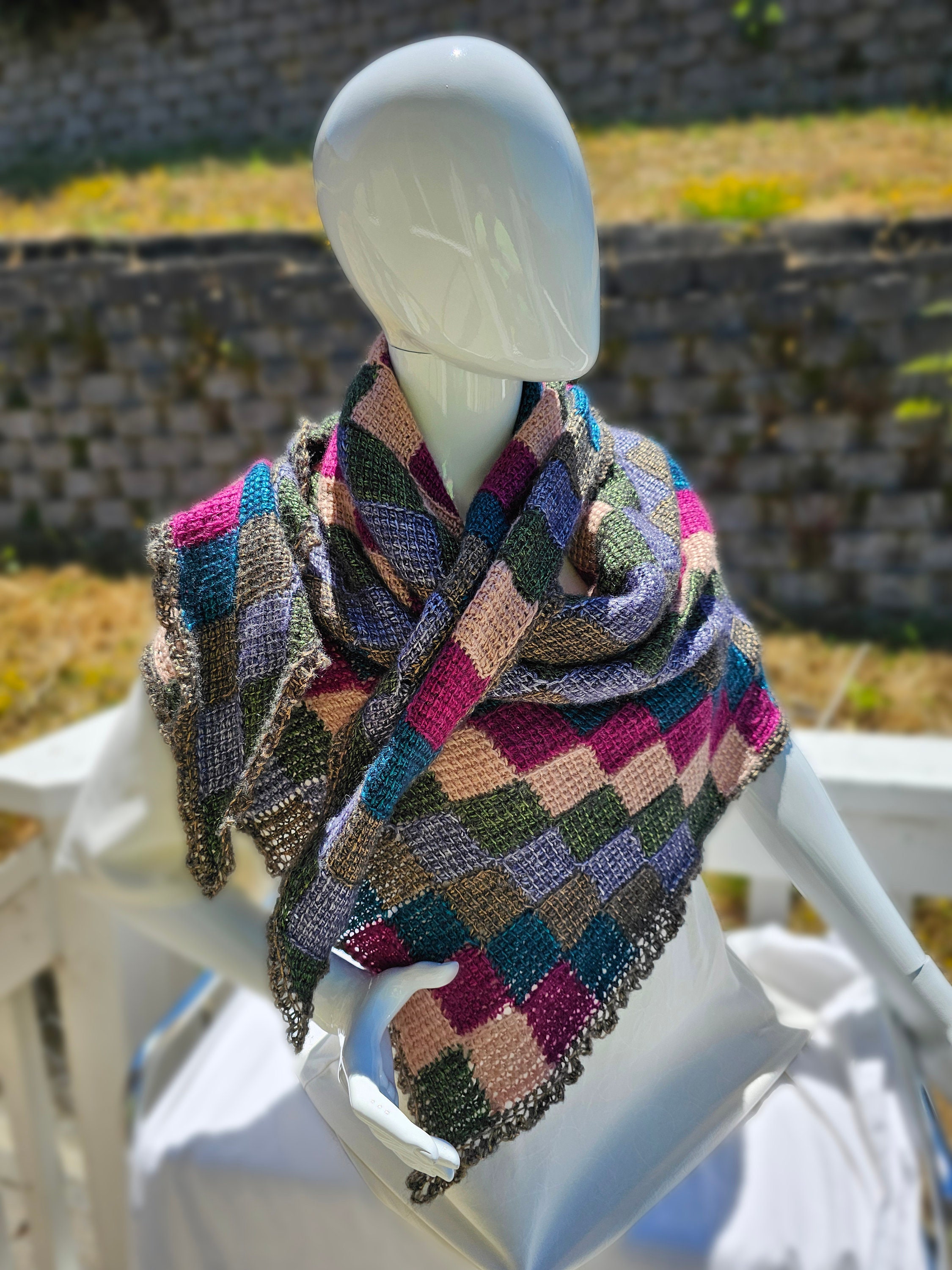 Colorful Triangle Shawl. Unique wool blend wrap. Gift for Her. Soft Crochet Shawl. Chic Striped Wrap. - Thumbnail 3