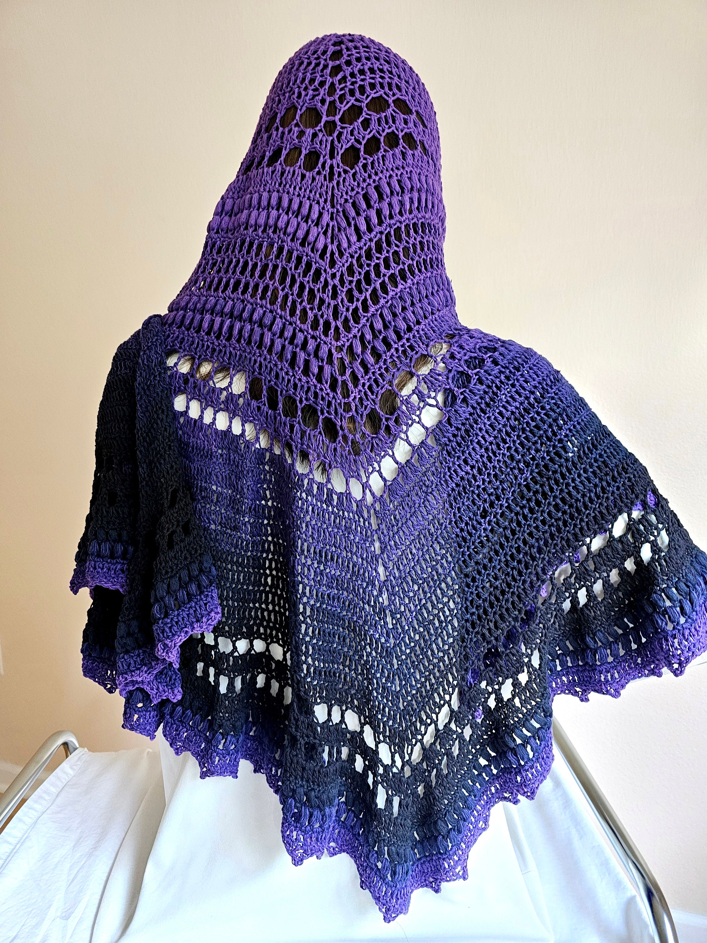 Purple Black Triangular Shawl - Handcrafted Crochet Cotton Wrap, Large Cozy Scarves for Winter, Whimsigoth Gift for Her, 3 Season Accessory - Thumbnail 3