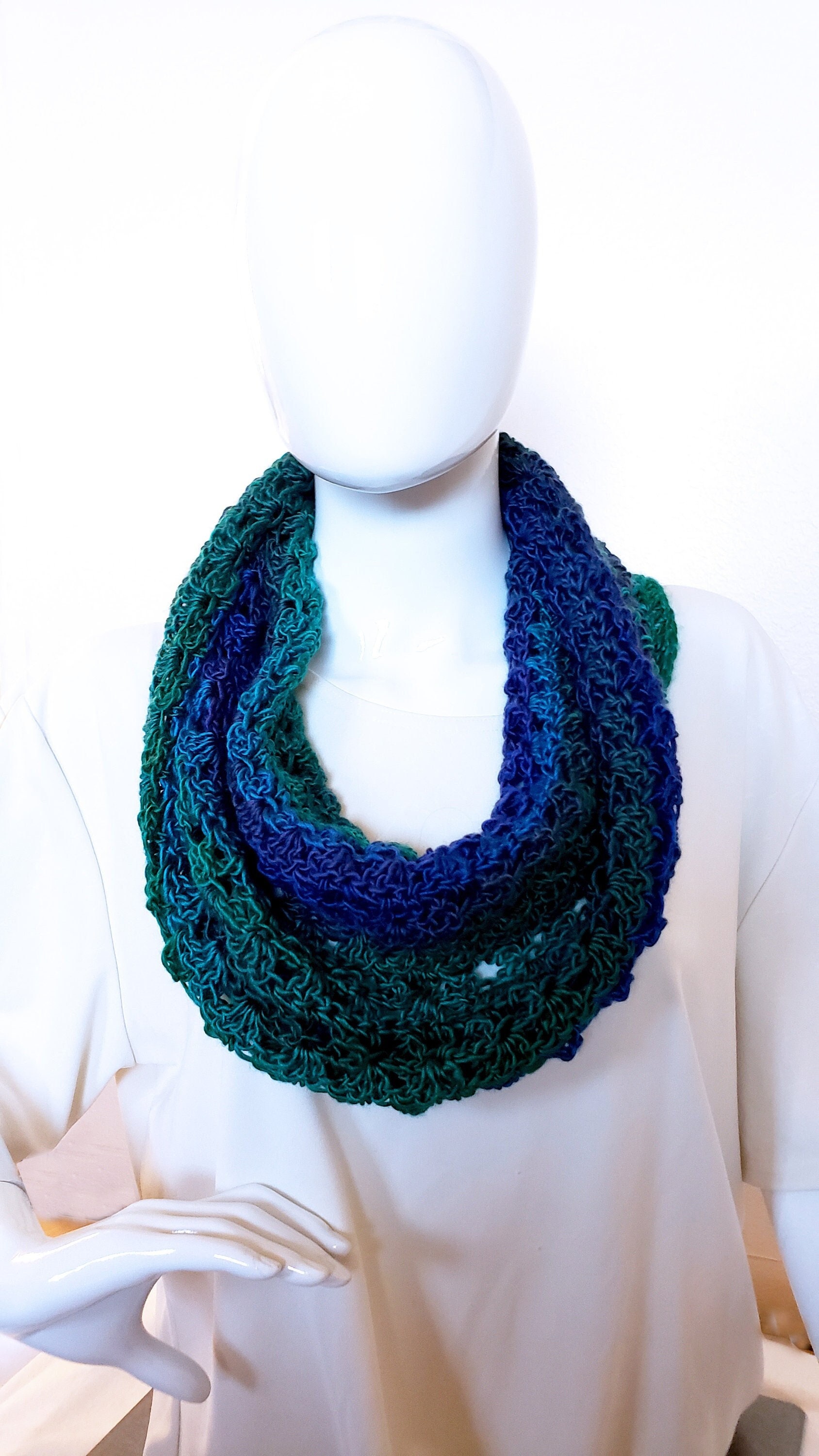 Crocheted Cowl: Silky Acrylic Neck Warmer, Purple & Green