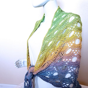 Crochet wrap. Lacy cover up. Triangular shawl. Pastel gradient wrap. Boho shawl. Spring summer accessory. 76 x 34 inches. Gift for her.
