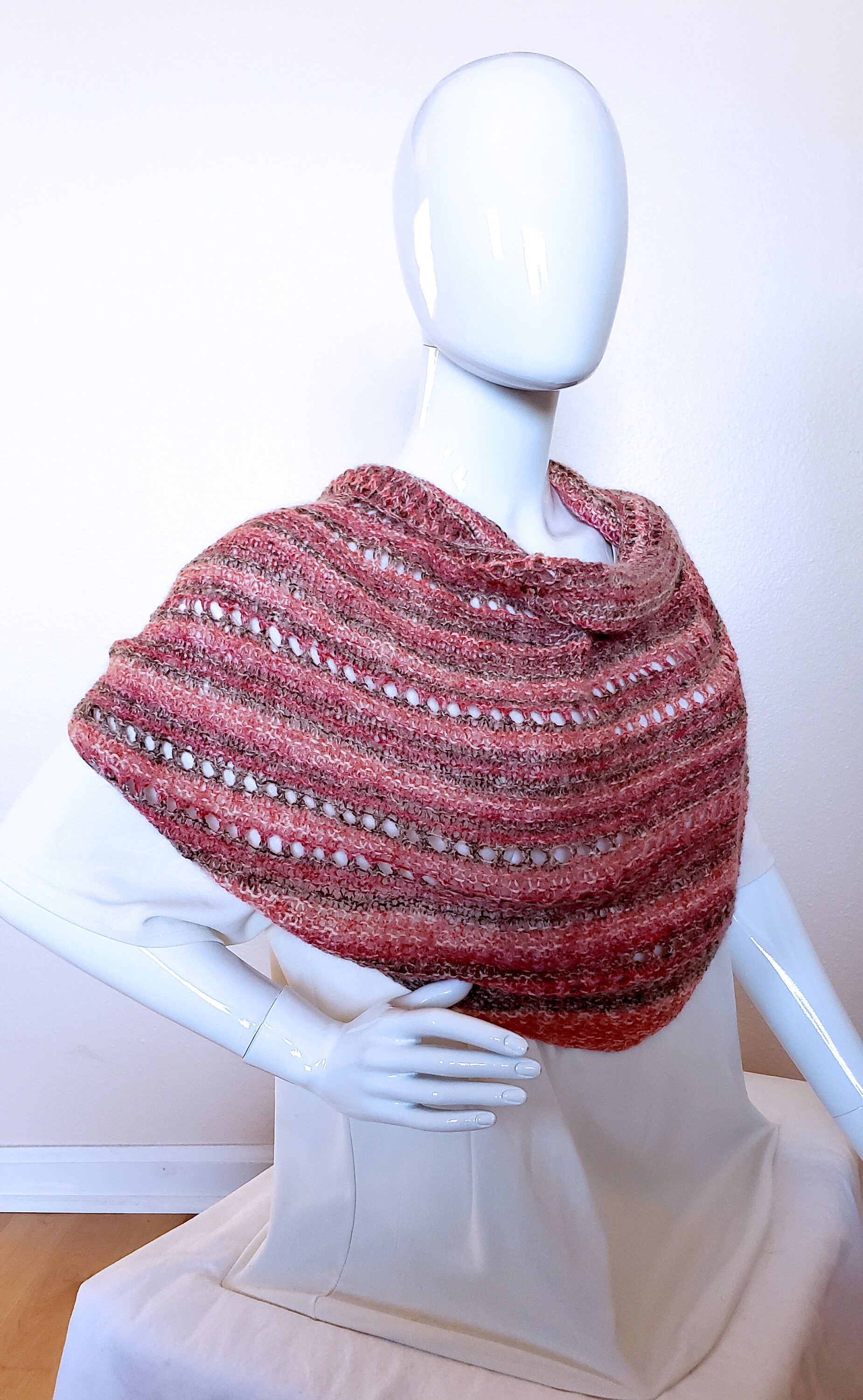 Lacy Semi-circular Shawl. Hand knit shawlette. Pink, brown, coral shawl. Angora blend scarf. Light and Lacy Striped Wrap. Women's Gift. - Thumbnail 3