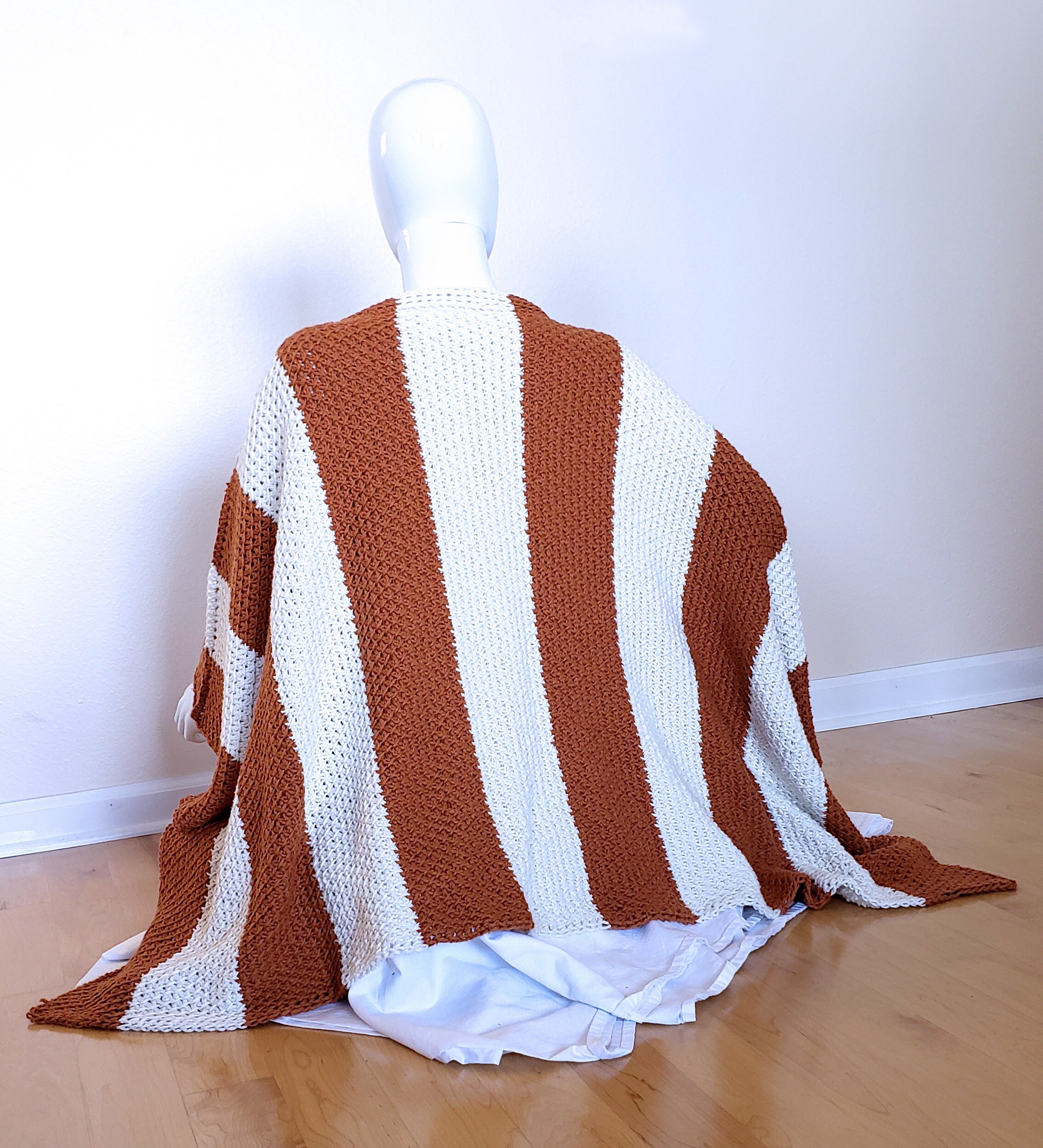 Vertically Striped Poncho - Handmade Pumpkin and Cream  Crochet Wrap - Unisex 3-Season Coverup - Cozy Boho Gift for All - Thumbnail 4