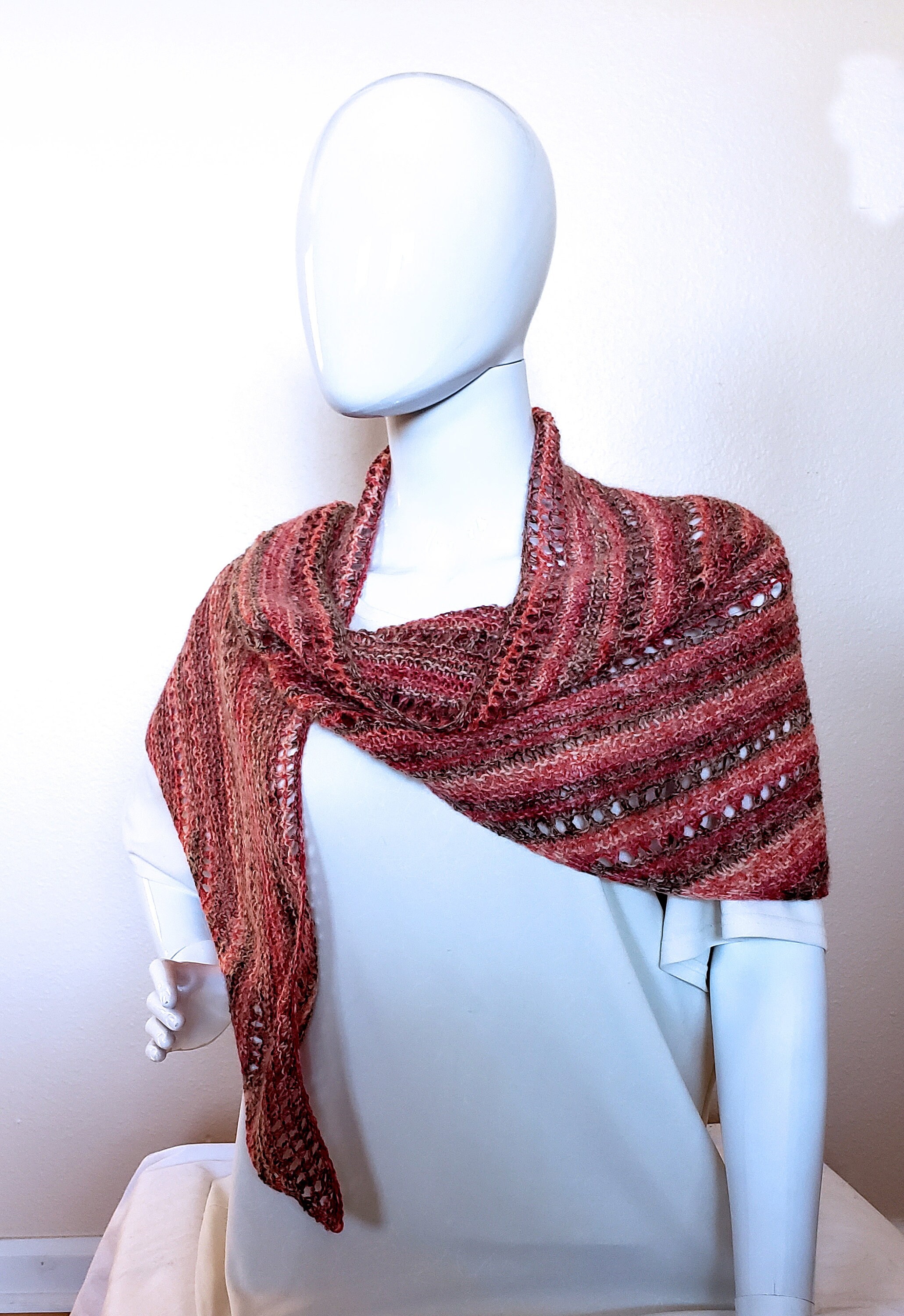 Lacy Semi-circular Shawl. Hand knit shawlette. Pink, brown, coral shawl. Angora blend scarf. Light and Lacy Striped Wrap. Women's Gift. - Thumbnail 2