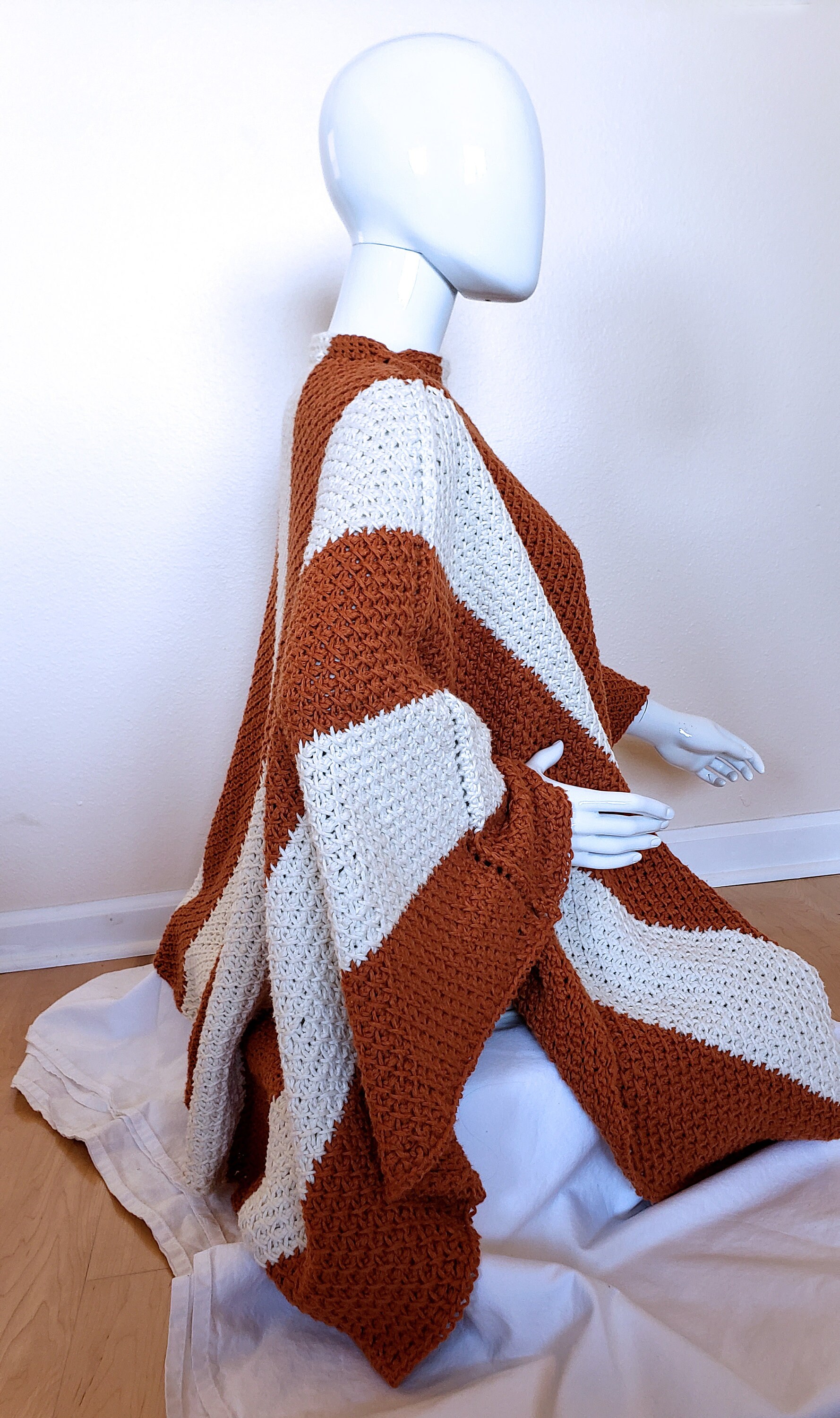 Vertically Striped Poncho - Handmade Pumpkin and Cream  Crochet Wrap - Unisex 3-Season Coverup - Cozy Boho Gift for All - Thumbnail 3