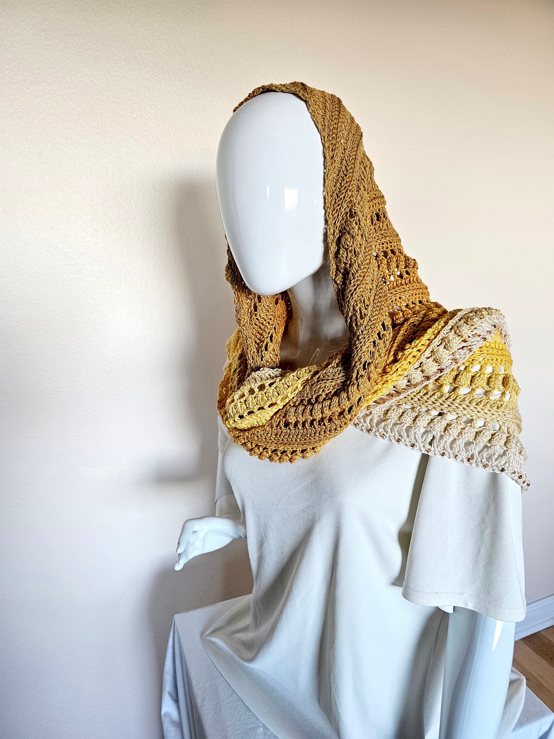 Hand Crochet Wrap. Wedding shawl. Bridesmaid wrap. Prom accessory. Beaded shawl. Princess wrap. Bridal stole. Gift for her. Gold and Cream. - Image 1