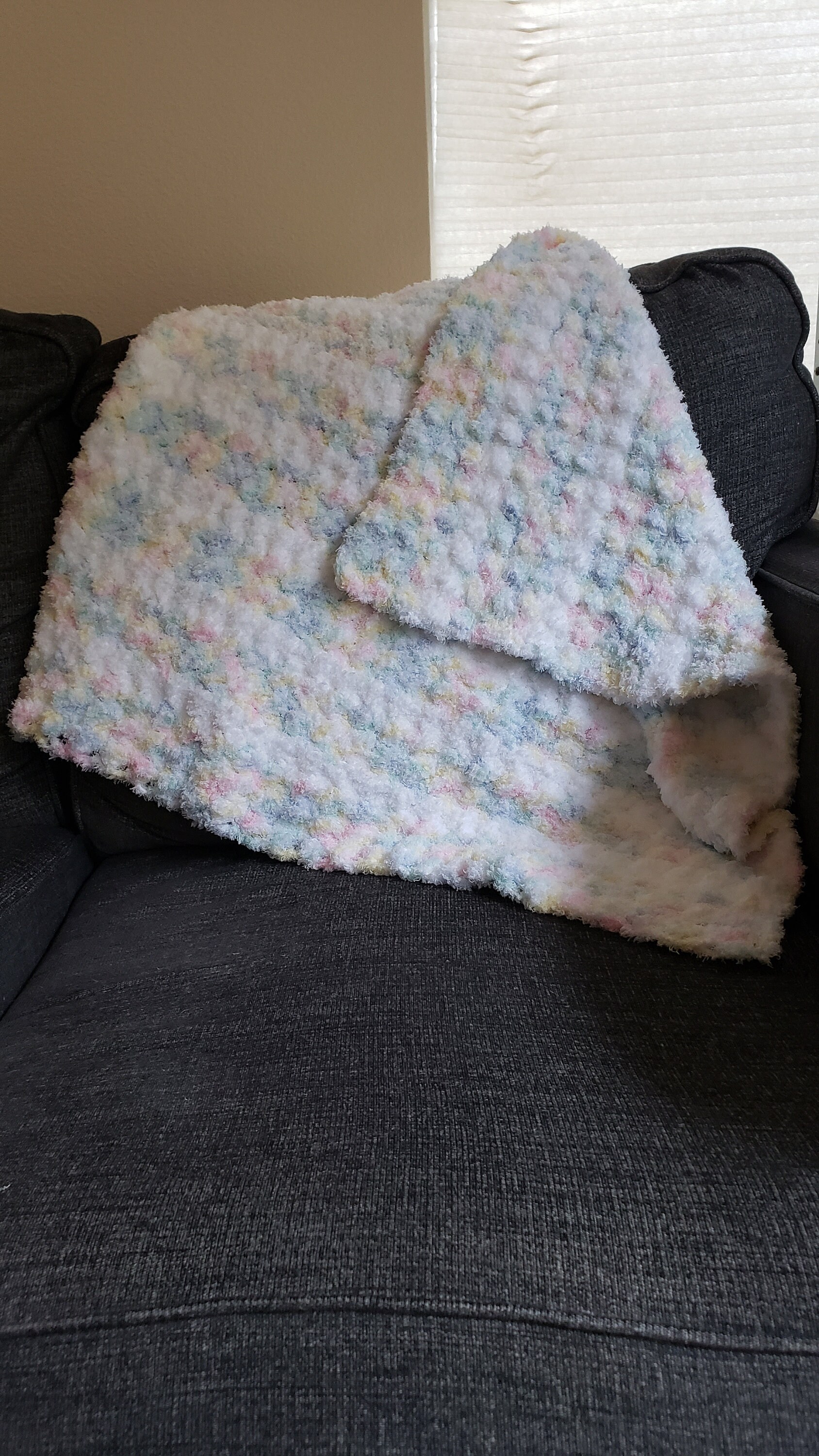 Super Soft Crocheted Baby Blanket and Cap in Rainbow Pastels and White. Baby Shower Gift. Gender Neutral. Textured Crib Blanket. - Thumbnail 2