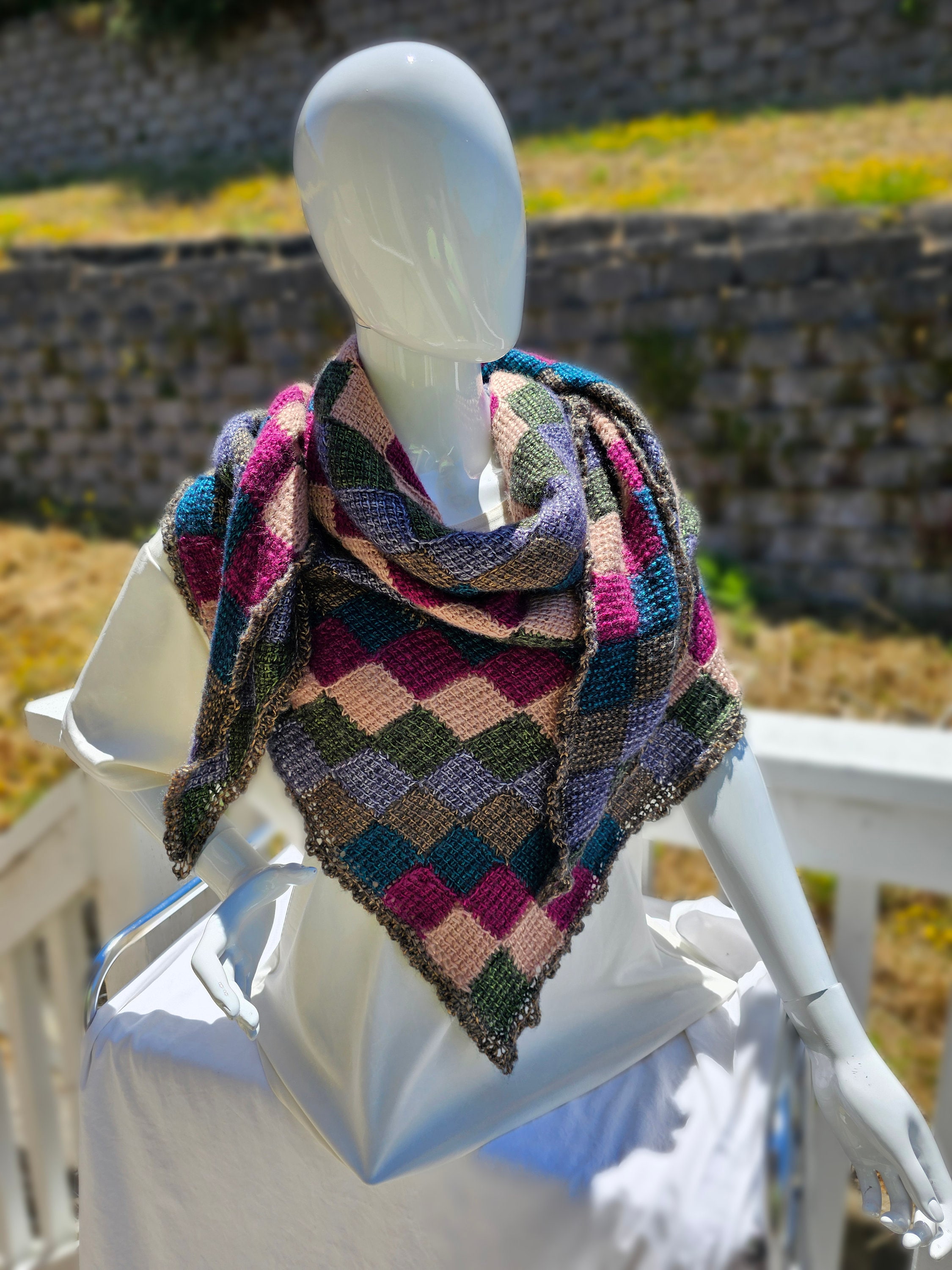 Colorful Triangle Shawl. Unique wool blend wrap. Gift for Her. Soft Crochet Shawl. Chic Striped Wrap. - Thumbnail 2