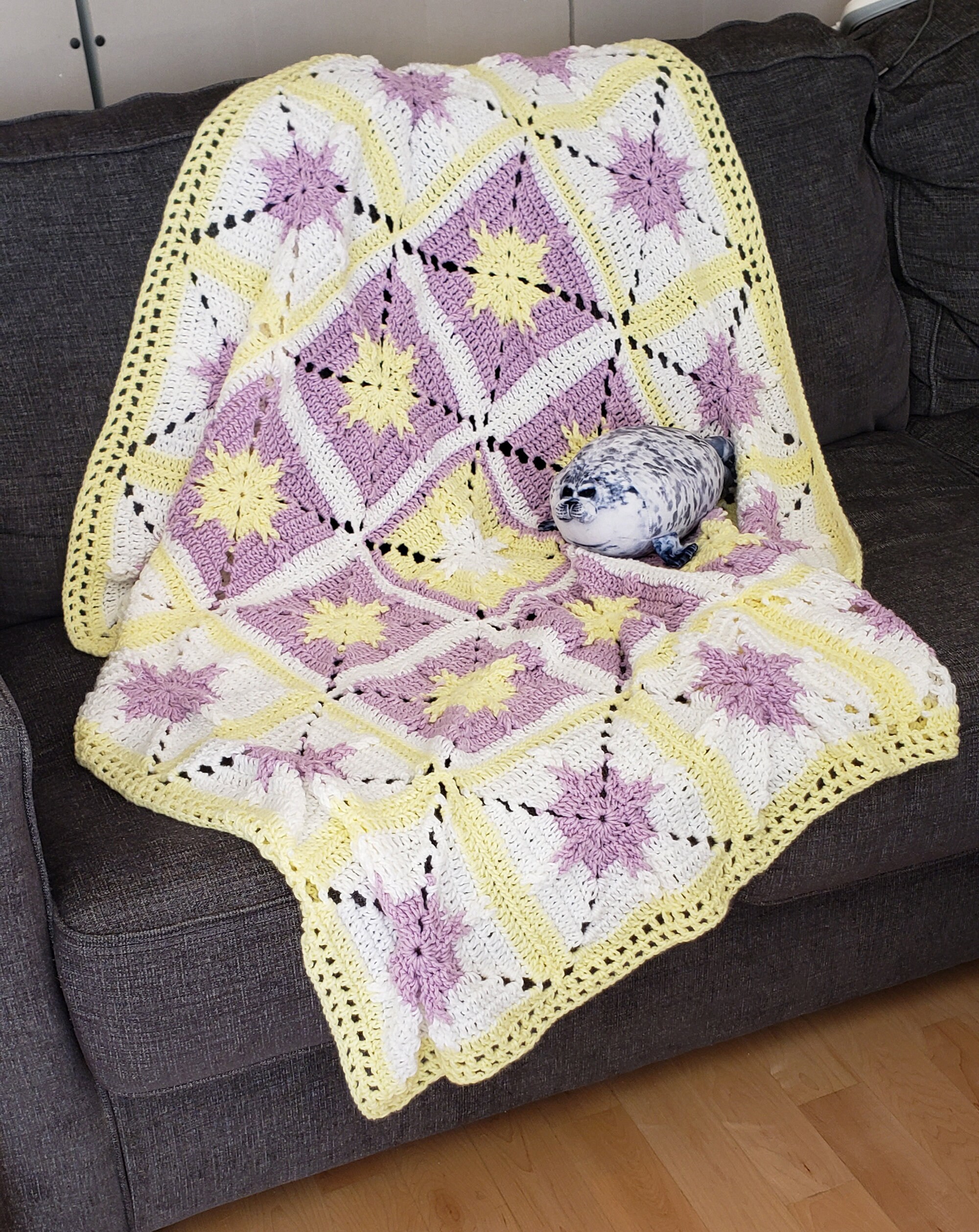 Crochet Blanket. Handmade throw. Pastel blanket. Baby Girl Shower Gift. Crib blanket. Unique design throw. Lilac Yellow White. Textured. - Image 1