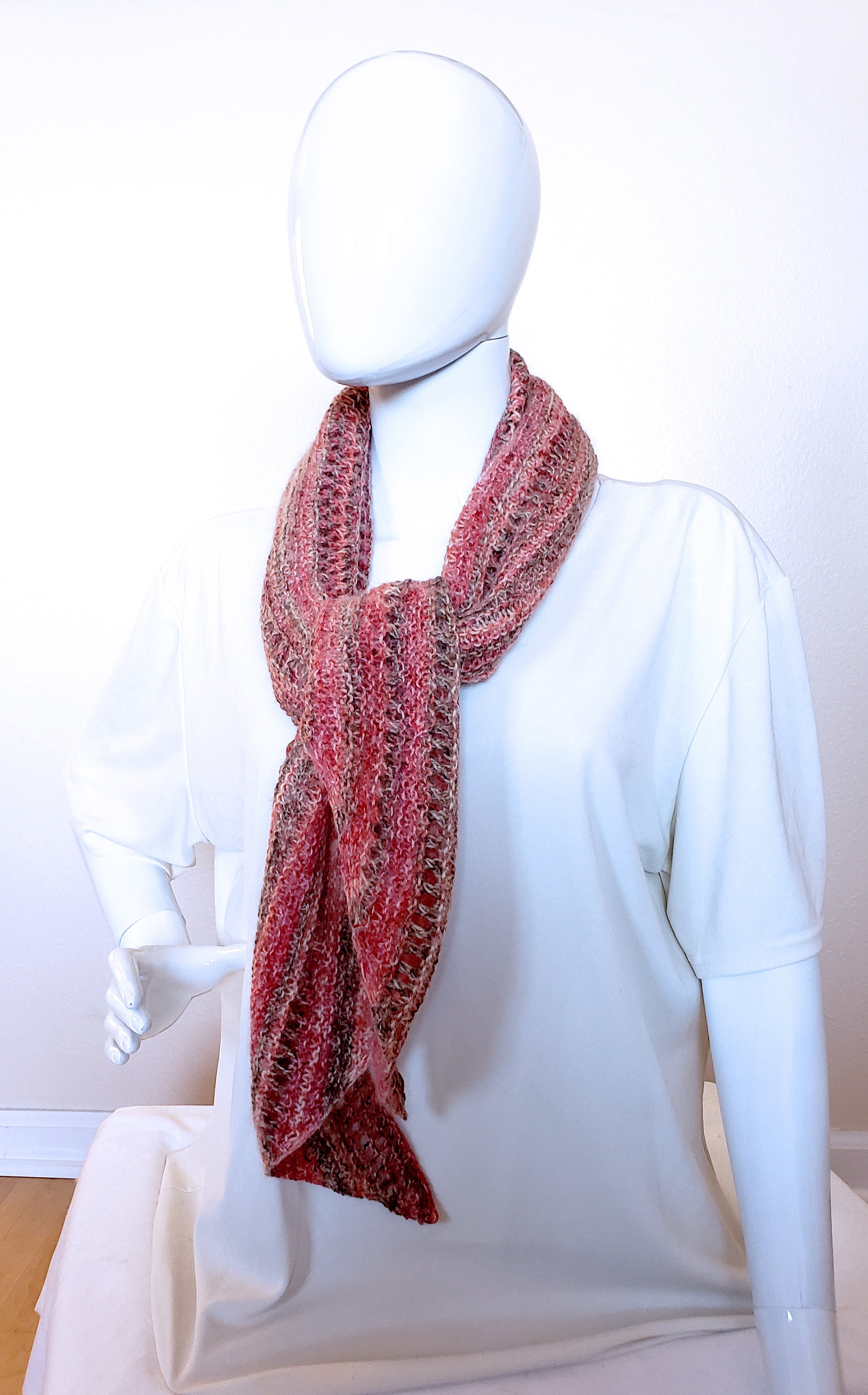 Lacy Semi-circular Shawl. Hand knit shawlette. Pink, brown, coral shawl. Angora blend scarf. Light and Lacy Striped Wrap. Women's Gift. - Thumbnail 5
