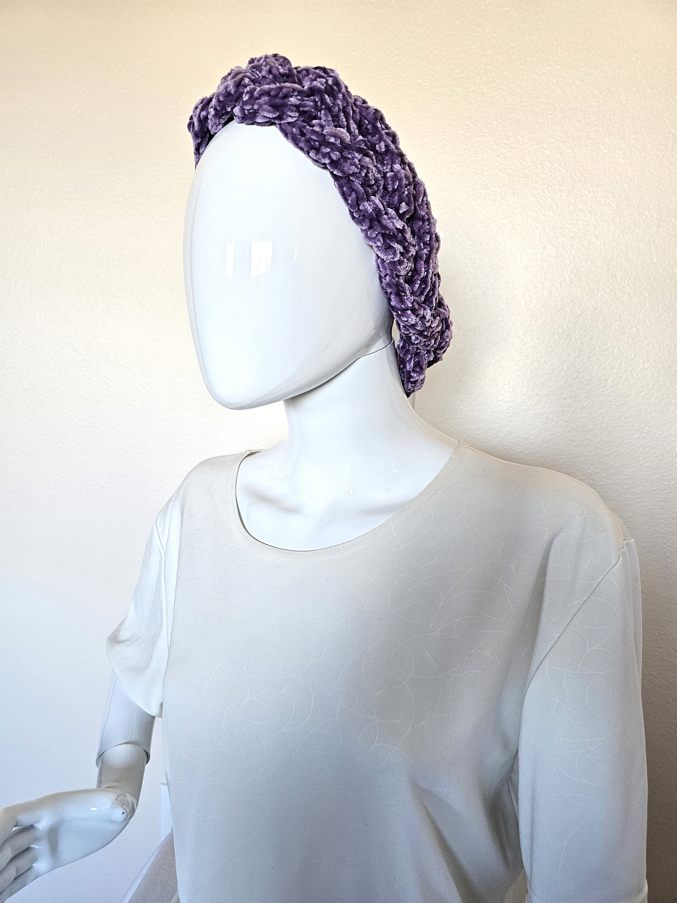 Amethyst Braided Ear warmer. Purple Velvet Headband. Crochet ear warmer. Boho headband. Handmade hair accessory. Winter ear covering. - Image 1