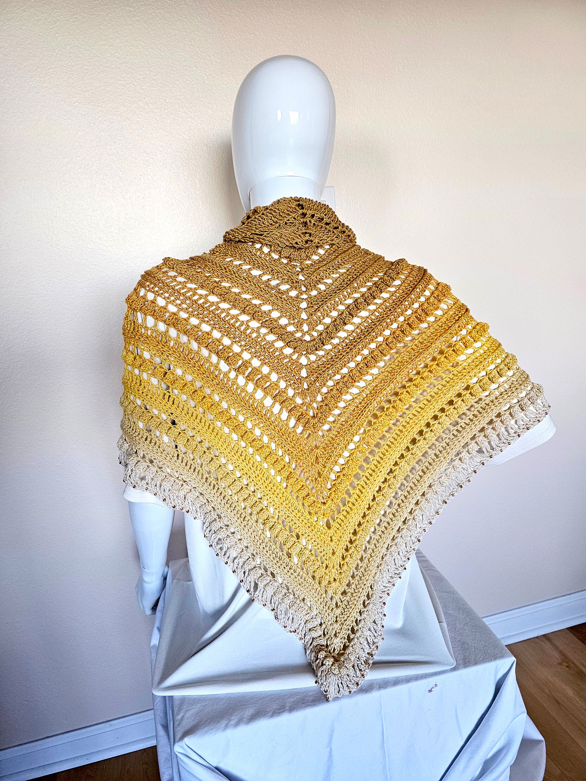 Hand Crochet Wrap. Wedding shawl. Bridesmaid wrap. Prom accessory. Beaded shawl. Princess wrap. Bridal stole. Gift for her. Gold and Cream. - Thumbnail 4