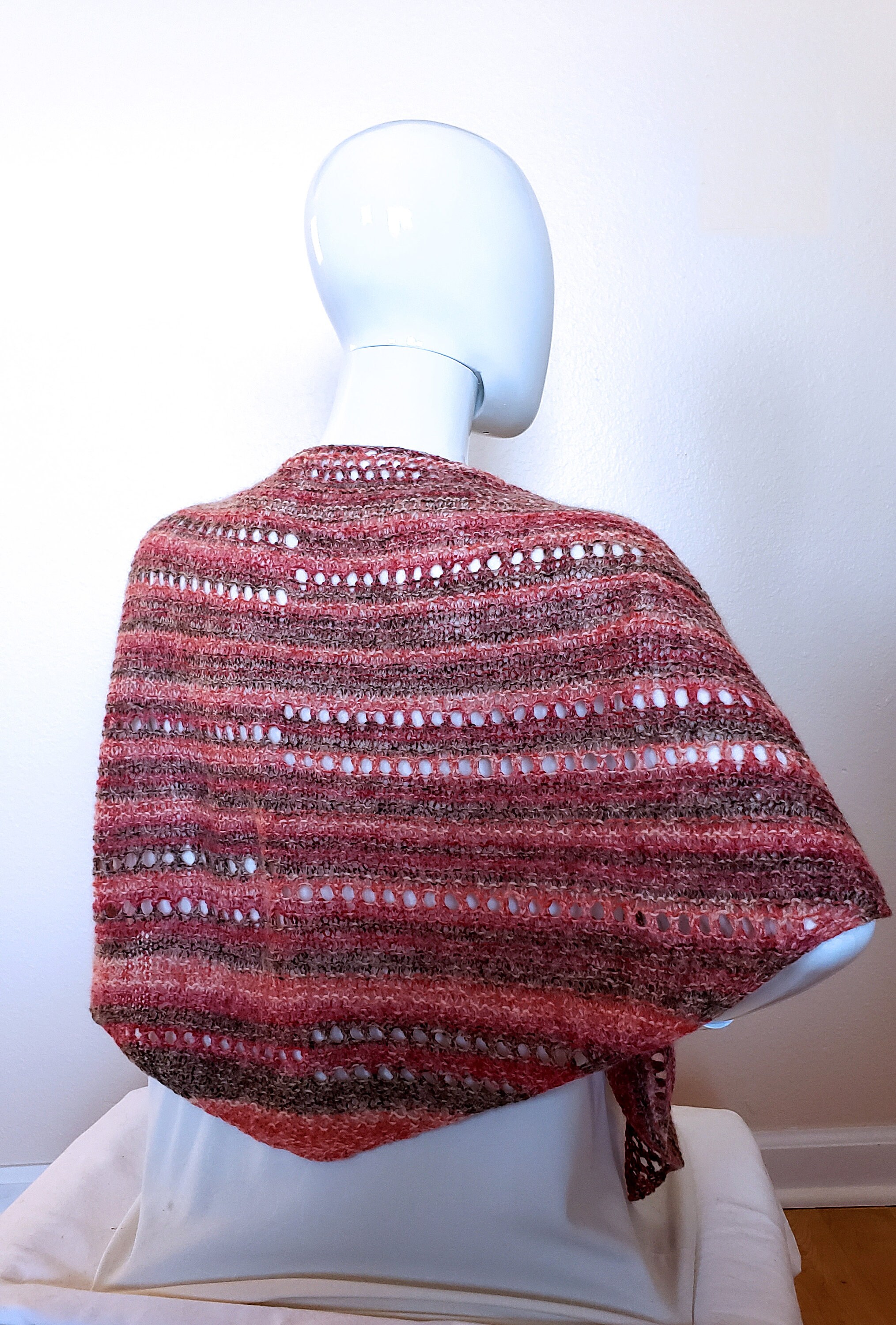 Lacy Semi-circular Shawl. Hand knit shawlette. Pink, brown, coral shawl. Angora blend scarf. Light and Lacy Striped Wrap. Women's Gift. - Thumbnail 4