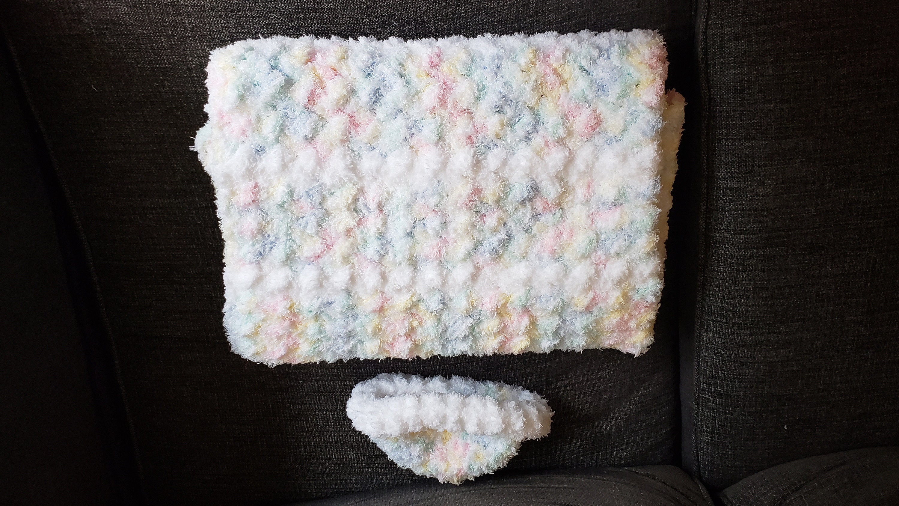 Super Soft Crocheted Baby Blanket and Cap in Rainbow Pastels and White. Baby Shower Gift. Gender Neutral. Textured Crib Blanket. - Thumbnail 5