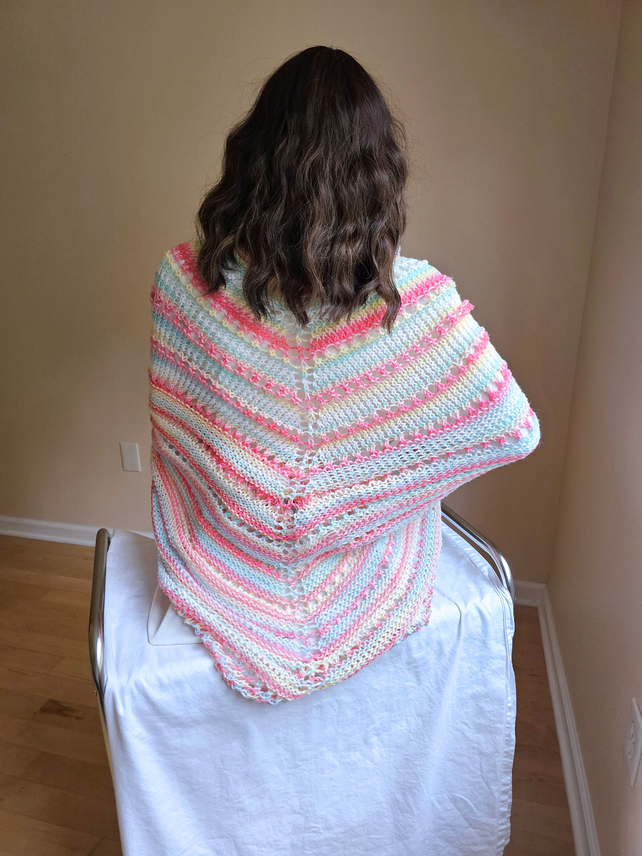 Triangular Shawl. Hand knit shawl. 3-Season shawl. Oversize shawl. Coral and turquoise. Pastel stripes shawl. Knit cover up. Hooded shawl. - Thumbnail 2