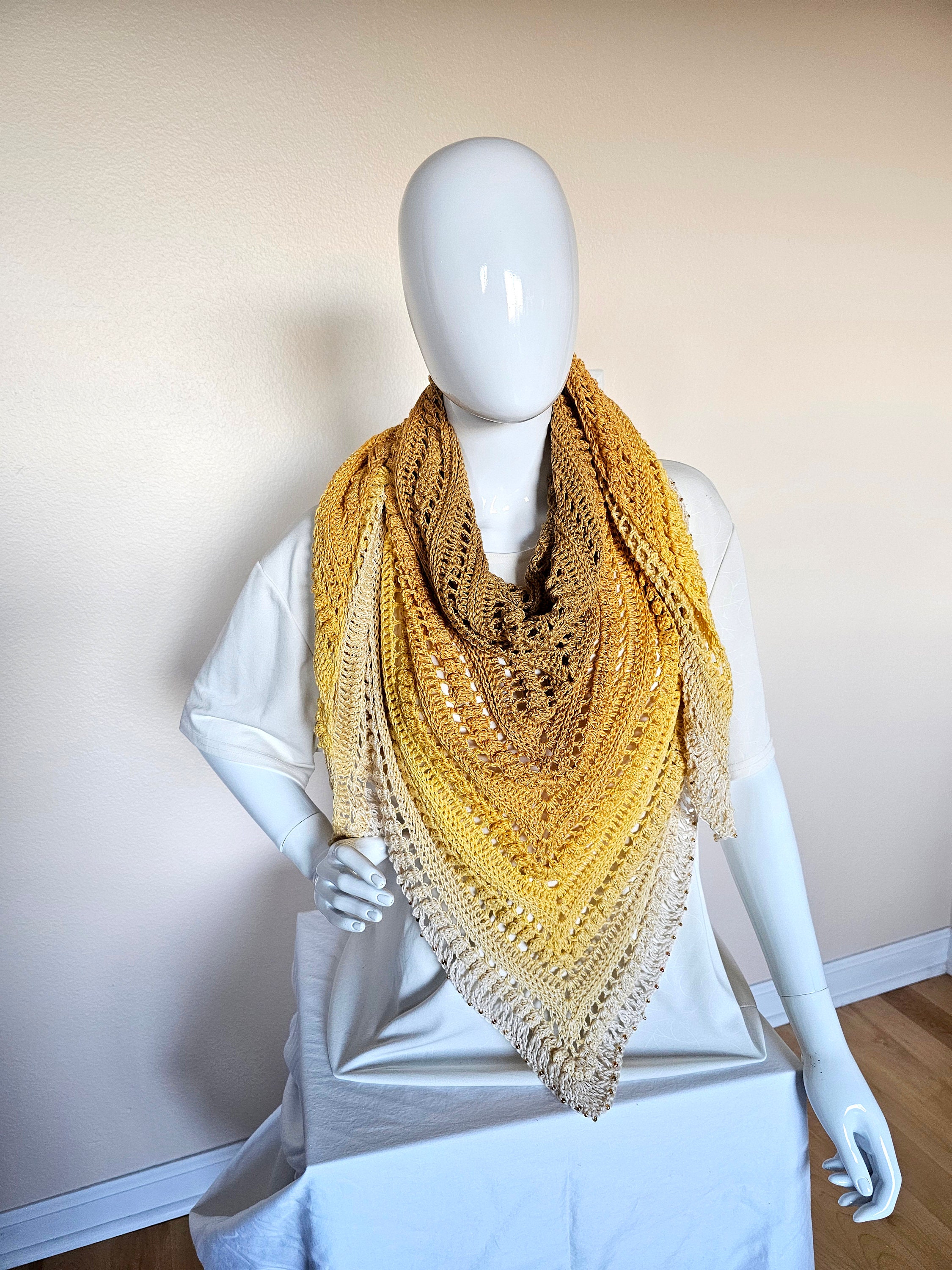 Hand Crochet Wrap. Wedding shawl. Bridesmaid wrap. Prom accessory. Beaded shawl. Princess wrap. Bridal stole. Gift for her. Gold and Cream. - Thumbnail 6