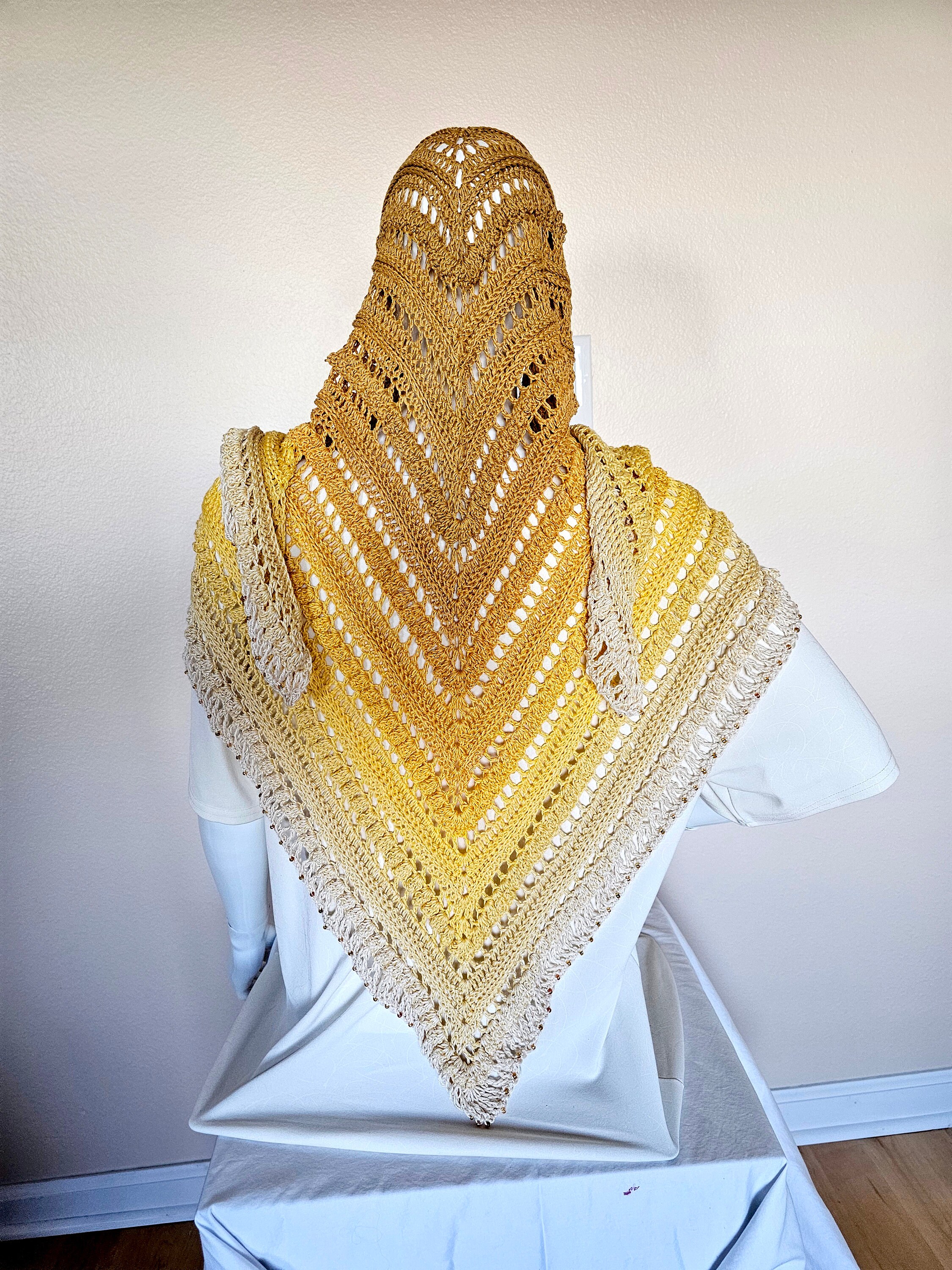 Hand Crochet Wrap. Wedding shawl. Bridesmaid wrap. Prom accessory. Beaded shawl. Princess wrap. Bridal stole. Gift for her. Gold and Cream. - Thumbnail 2