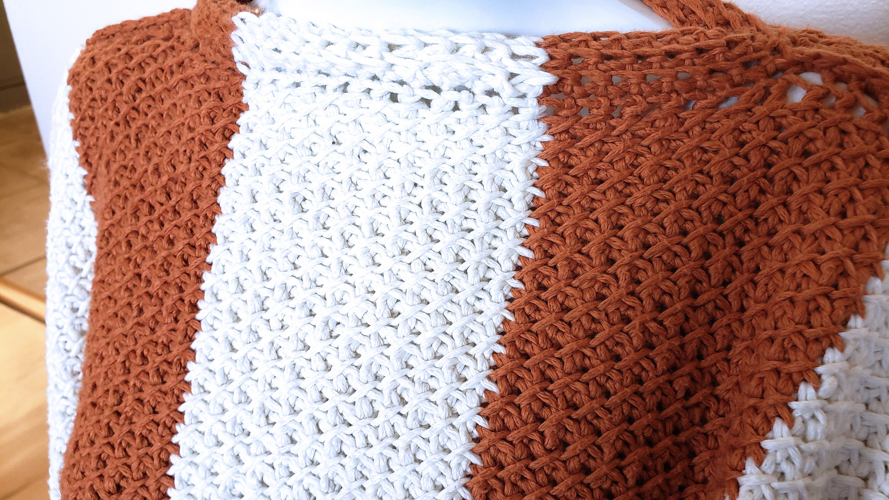 Vertically Striped Poncho - Handmade Pumpkin and Cream  Crochet Wrap - Unisex 3-Season Coverup - Cozy Boho Gift for All - Thumbnail 5