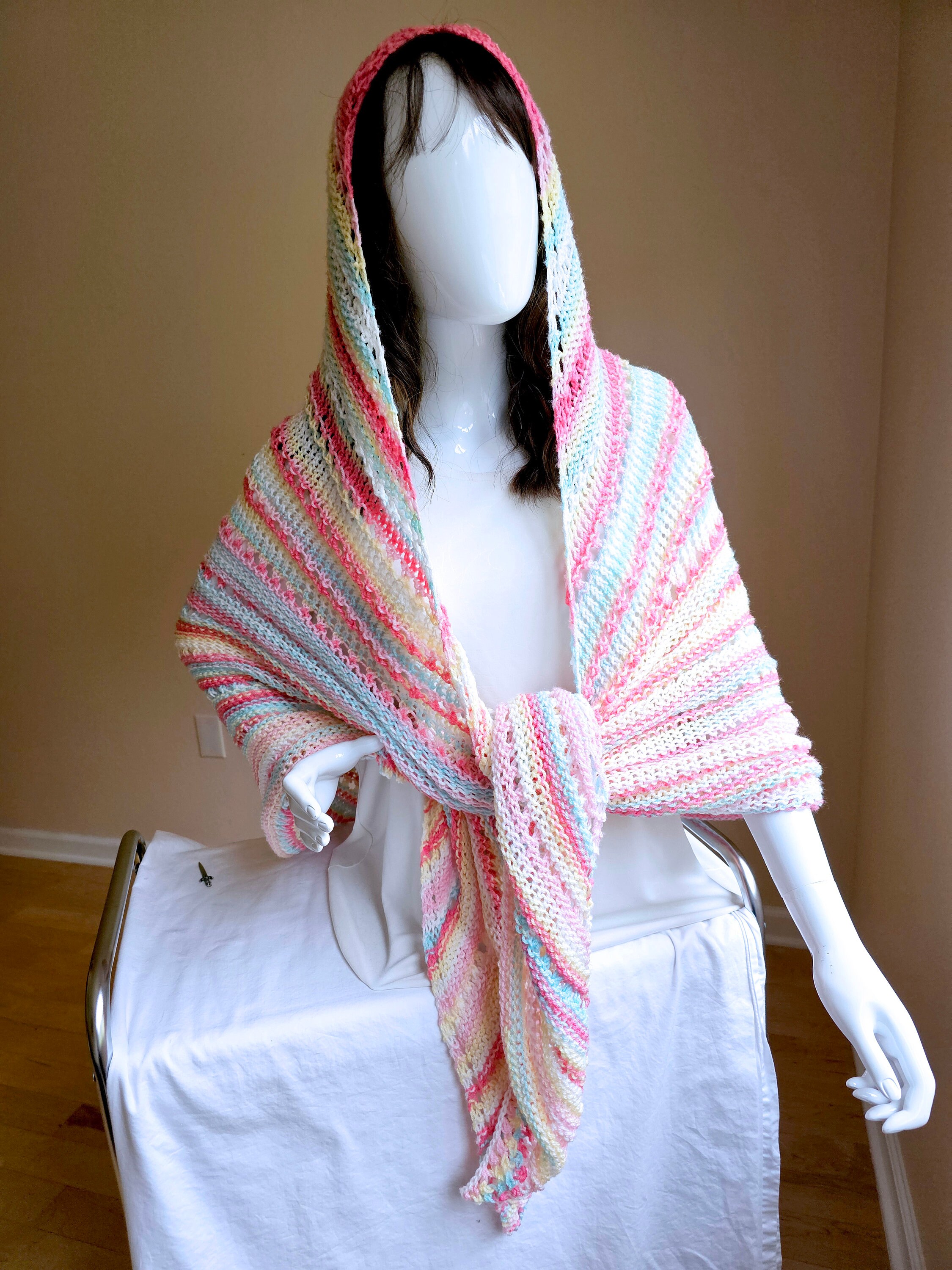 Triangular Shawl. Hand knit shawl. 3-Season shawl. Oversize shawl. Coral and turquoise. Pastel stripes shawl. Knit cover up. Hooded shawl. - Thumbnail 5