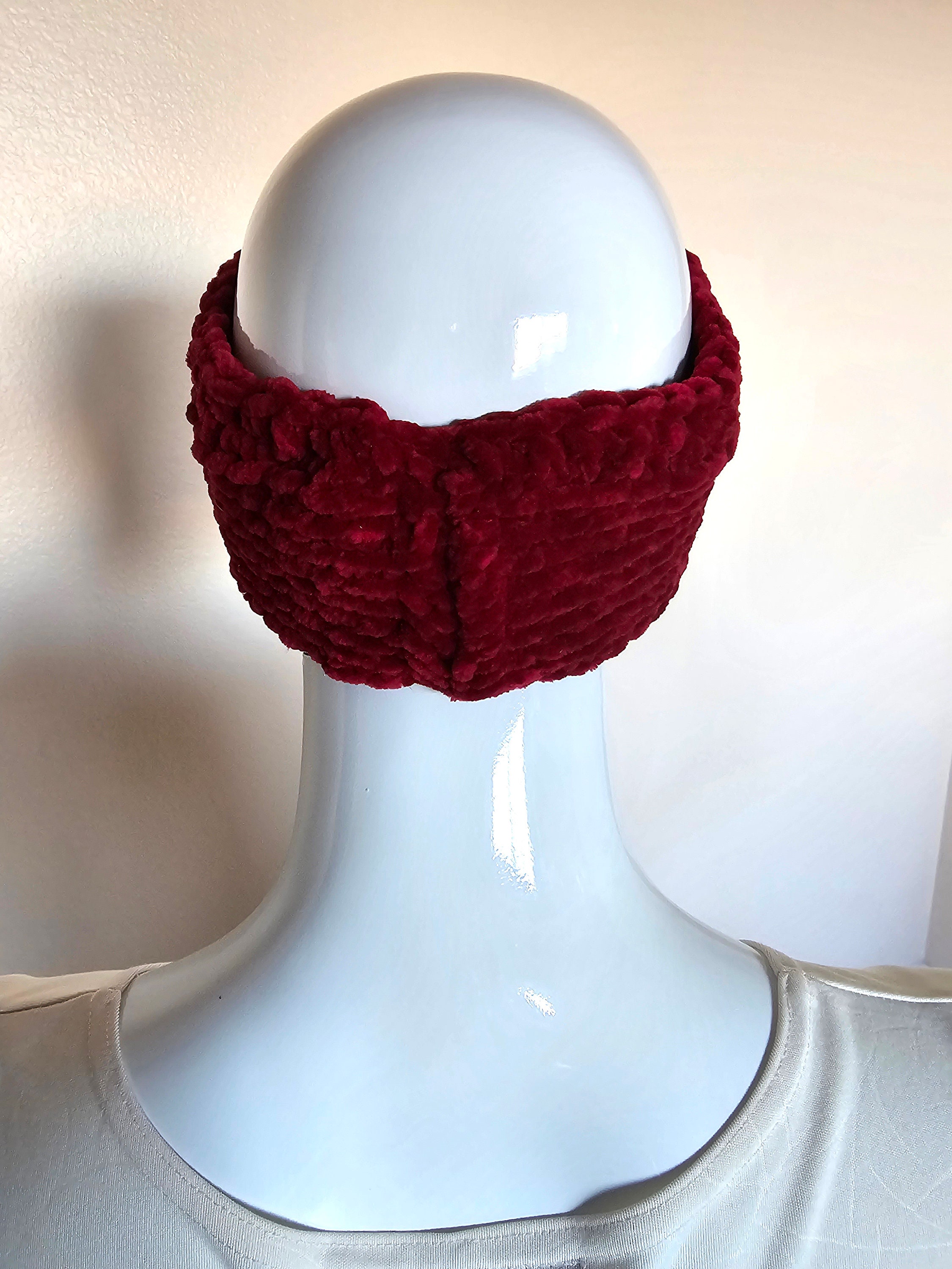 Red Velvet Ear warmer. Boho headband. Crochet ear warmer. Velvet Headband. Handmade hair accessory. Winter ear covering. Women's headband. - Thumbnail 3