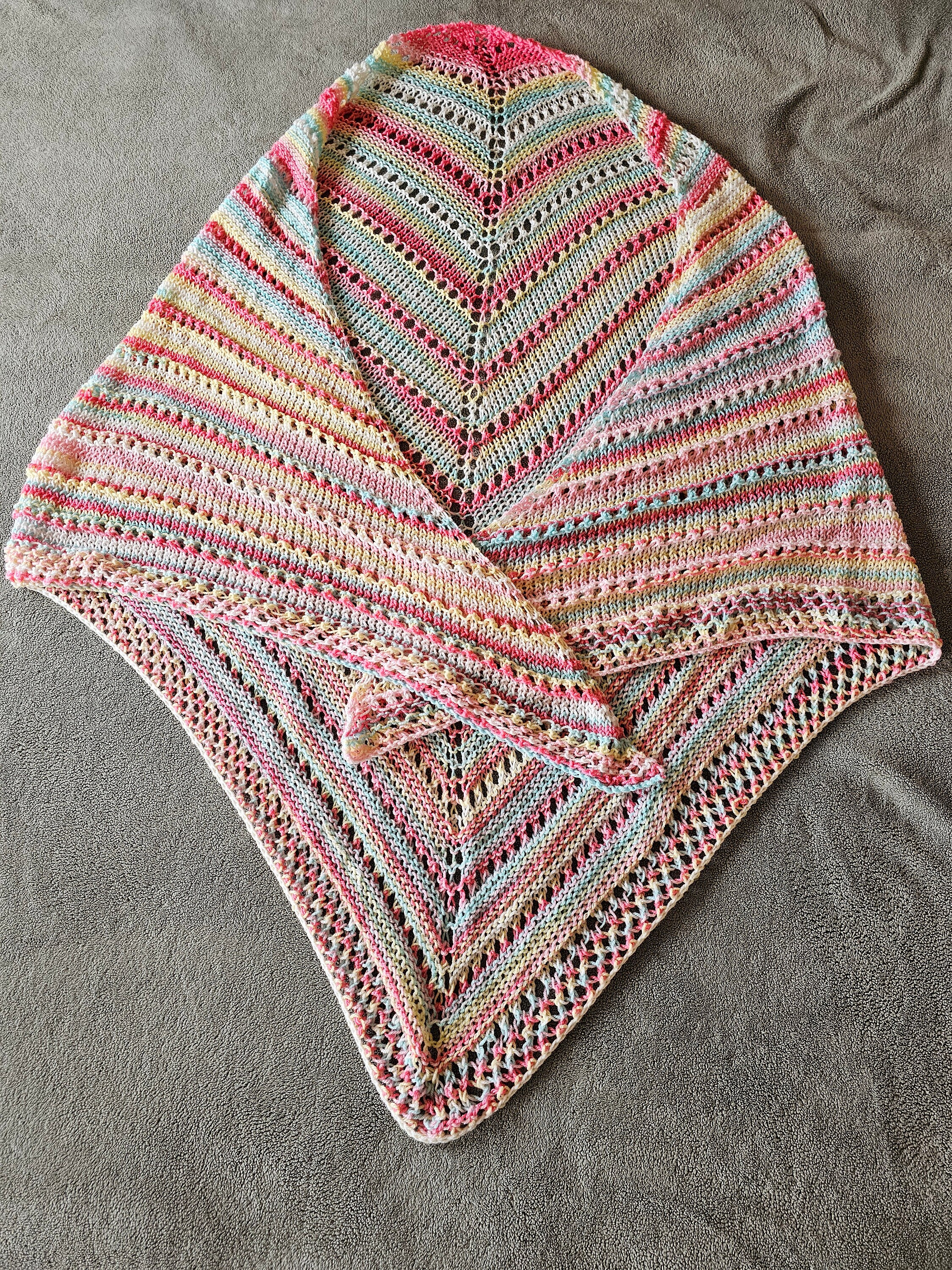 Triangular Shawl. Hand knit shawl. 3-Season shawl. Oversize shawl. Coral and turquoise. Pastel stripes shawl. Knit cover up. Hooded shawl. - Thumbnail 7