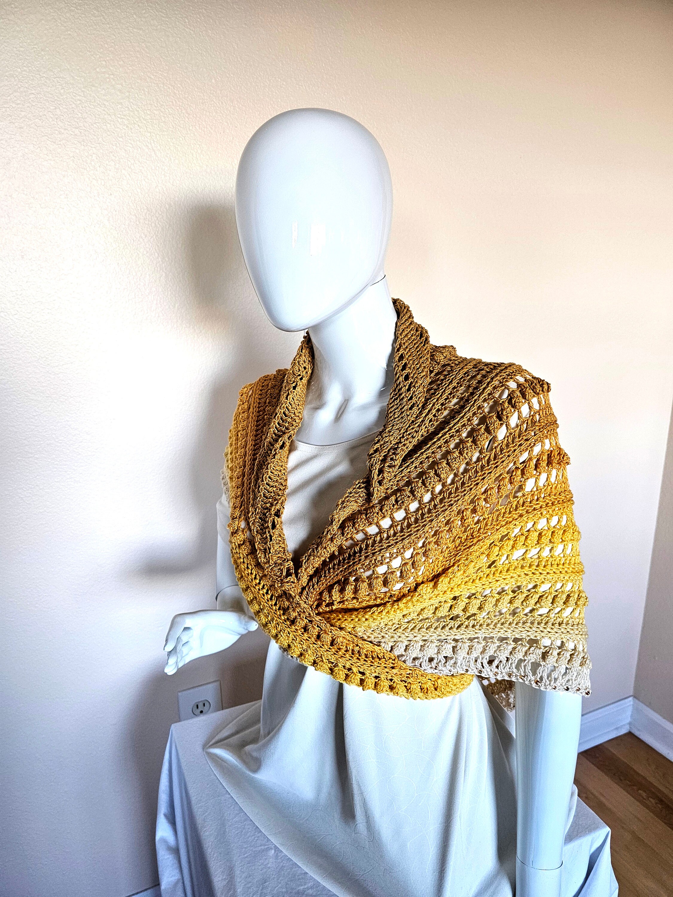Hand Crochet Wrap. Wedding shawl. Bridesmaid wrap. Prom accessory. Beaded shawl. Princess wrap. Bridal stole. Gift for her. Gold and Cream. - Thumbnail 3