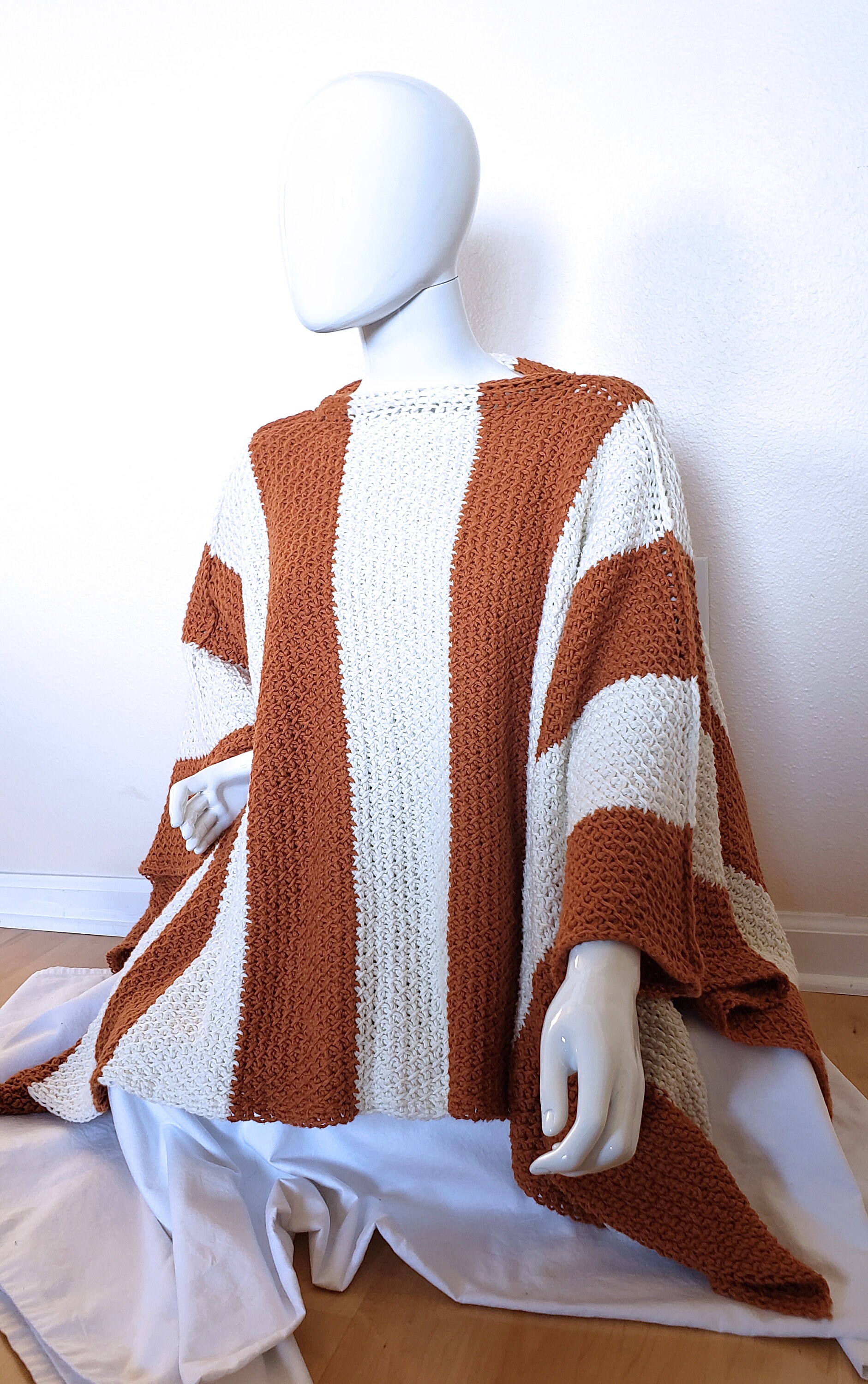 Vertically Striped Poncho - Handmade Pumpkin and Cream  Crochet Wrap - Unisex 3-Season Coverup - Cozy Boho Gift for All - Image 1