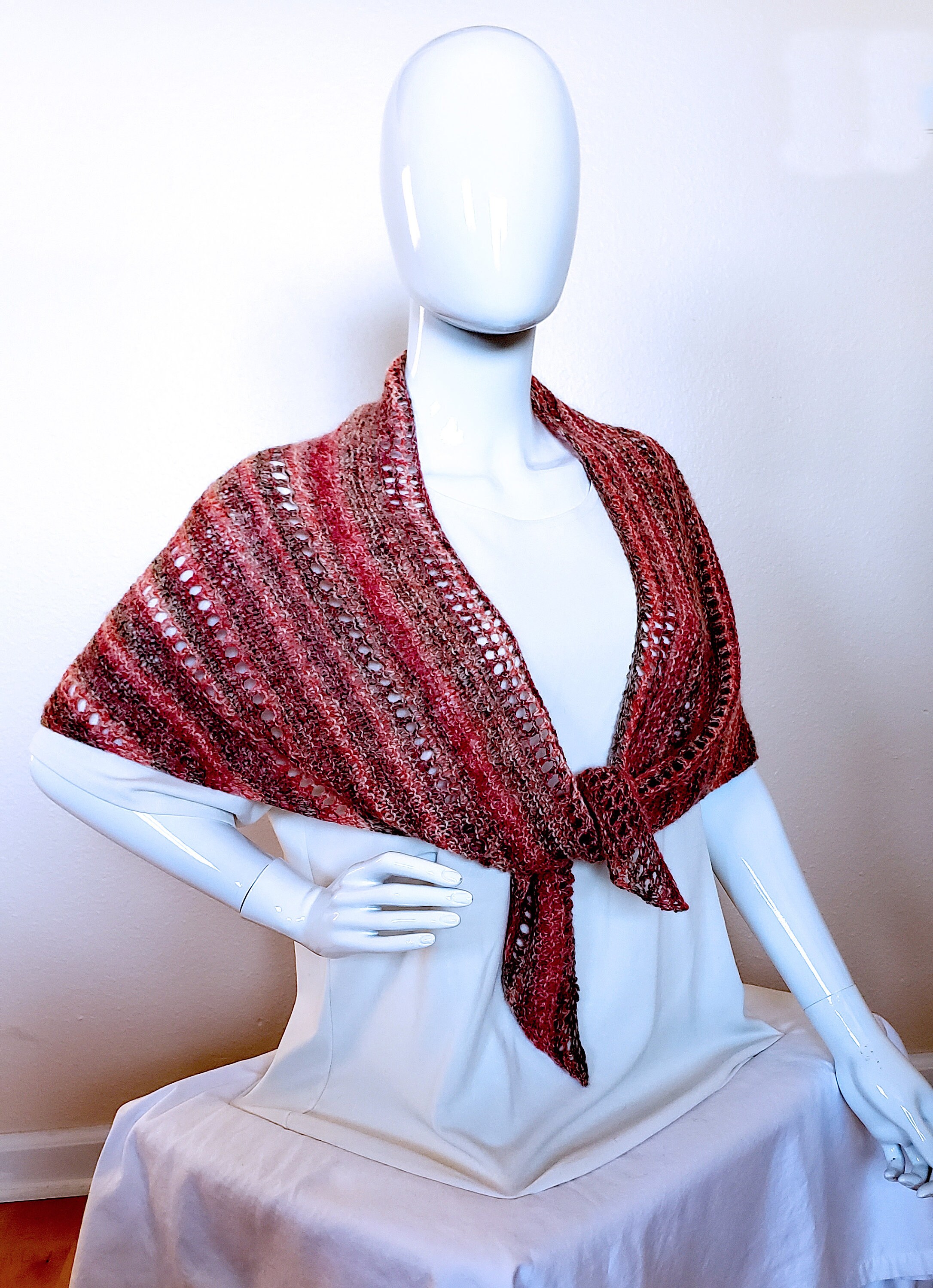 Lacy Semi-circular Shawl. Hand knit shawlette. Pink, brown, coral shawl. Angora blend scarf. Light and Lacy Striped Wrap. Women's Gift. - Image 1