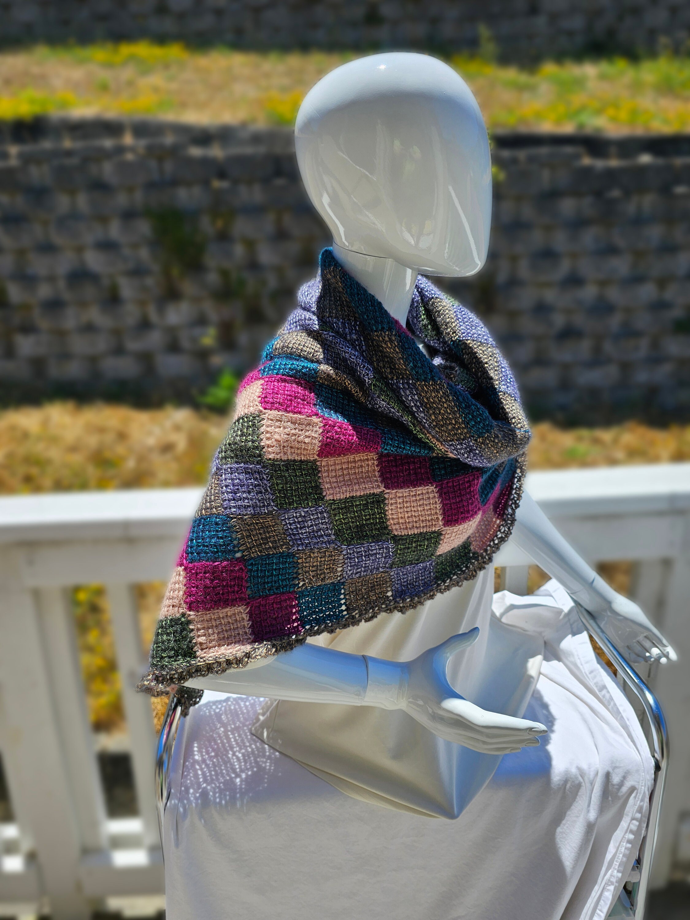 Colorful Triangle Shawl. Unique wool blend wrap. Gift for Her. Soft Crochet Shawl. Chic Striped Wrap. - Thumbnail 4
