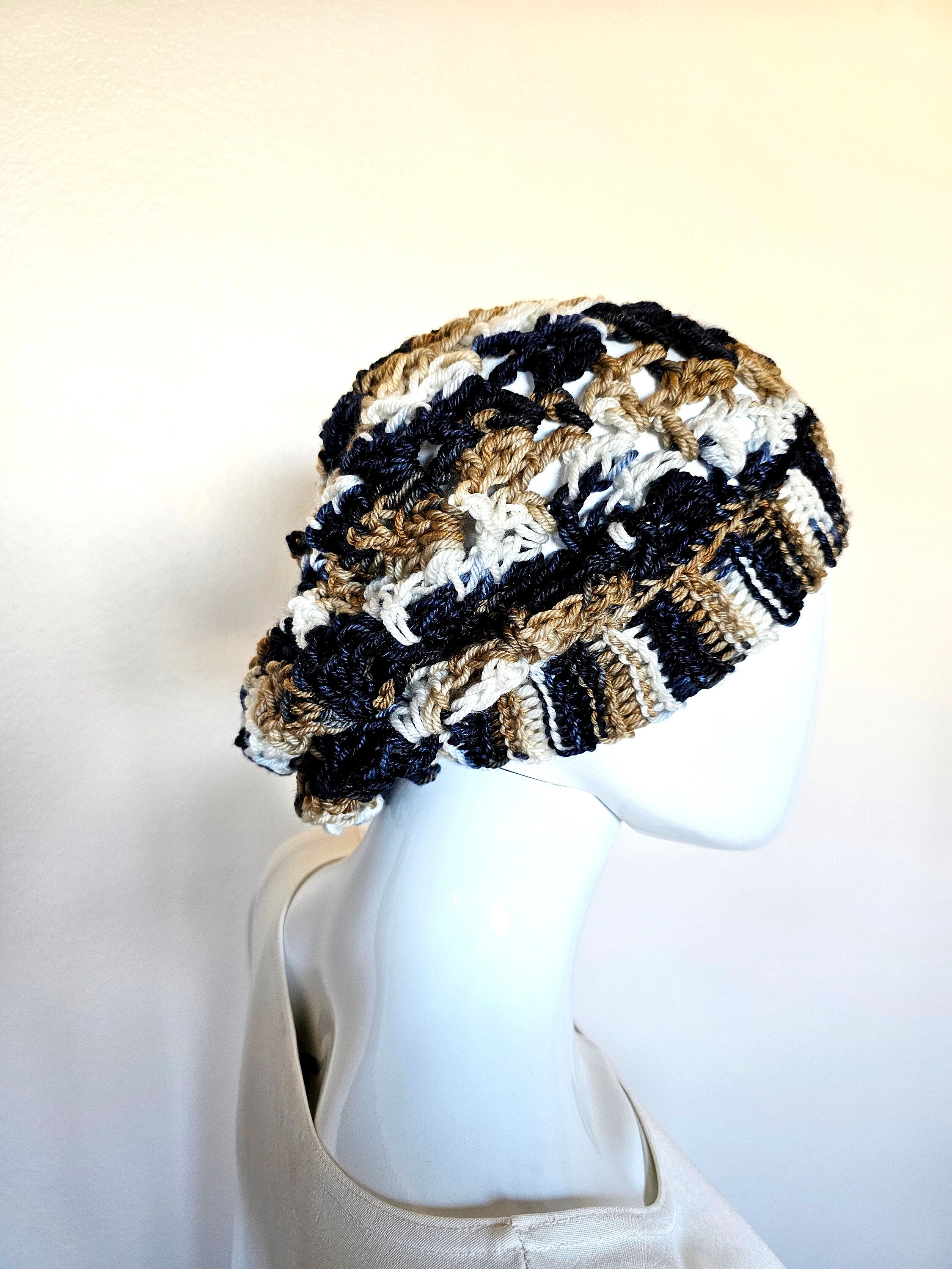 Summer crochet beret. Handmade Hat. Back White Gold Tam. Handmade accessory. Crochet headwear. Gift for her. Adult size beret. Slouchy Hat. - Thumbnail 4