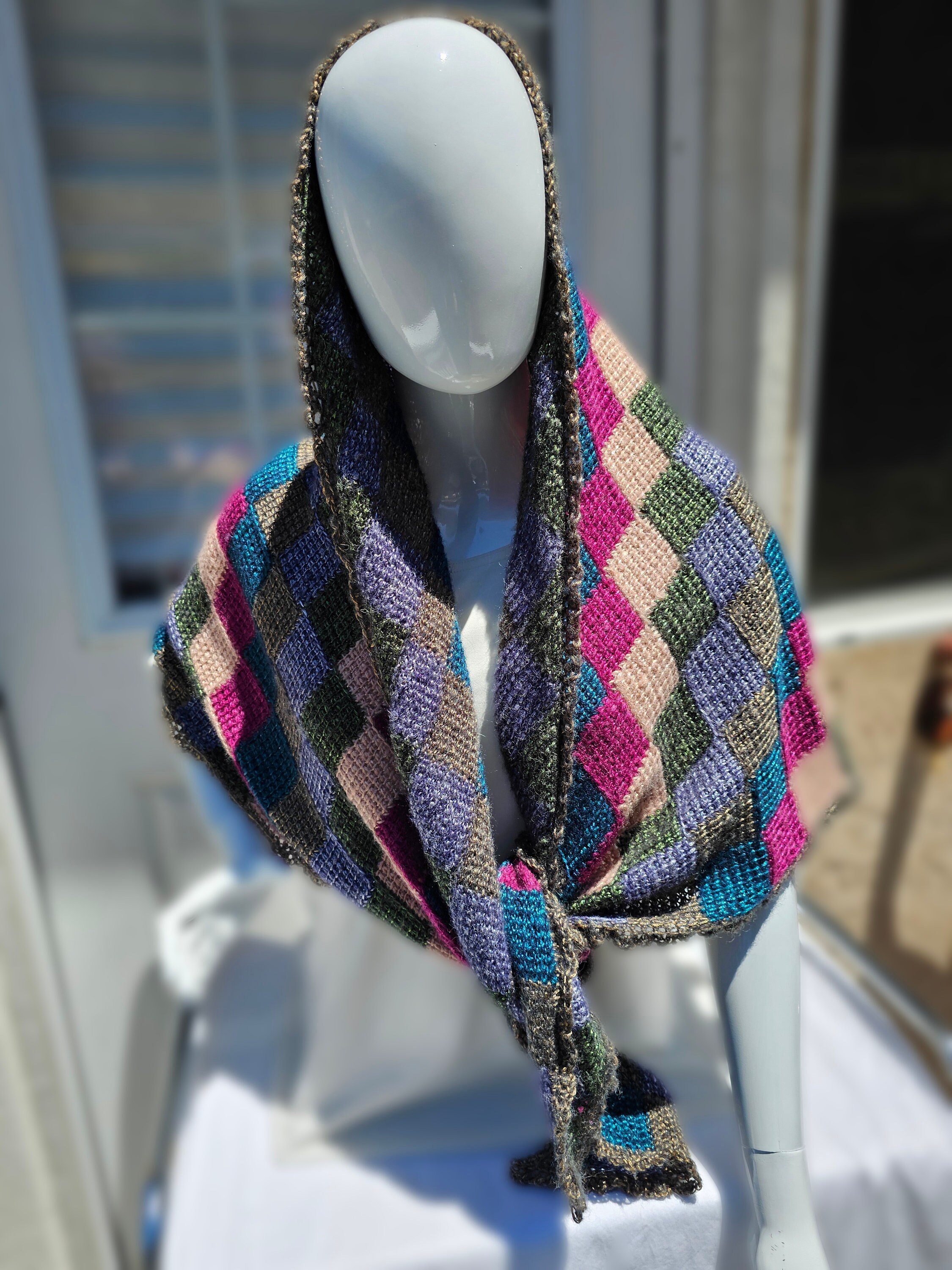 Colorful Triangle Shawl. Unique wool blend wrap. Gift for Her. Soft Crochet Shawl. Chic Striped Wrap. - Thumbnail 7