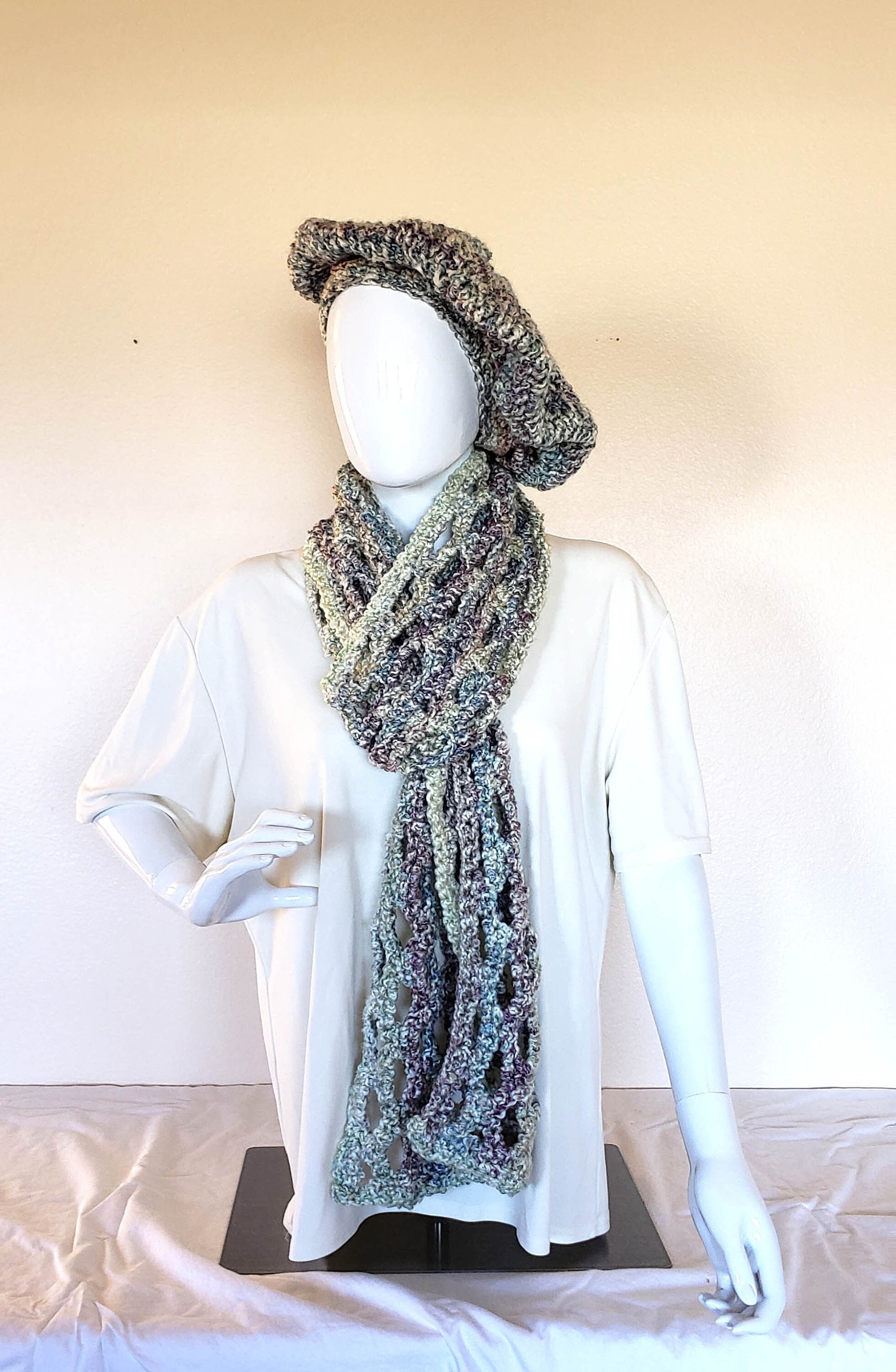 Hand Crochet 3-Season Scarf and Beret Set. Medium chunky weight.  Gift for Women. Birthday gift. Boho hat and scarf. Cream, Rose, and Teal. - Thumbnail 2