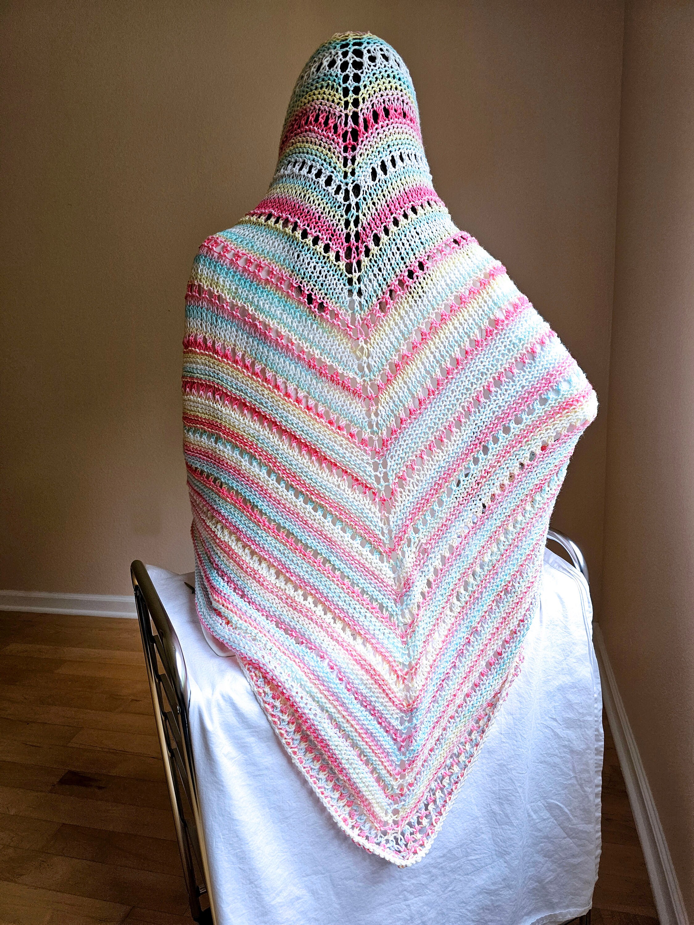 Triangular Shawl. Hand knit shawl. 3-Season shawl. Oversize shawl. Coral and turquoise. Pastel stripes shawl. Knit cover up. Hooded shawl. - Thumbnail 6