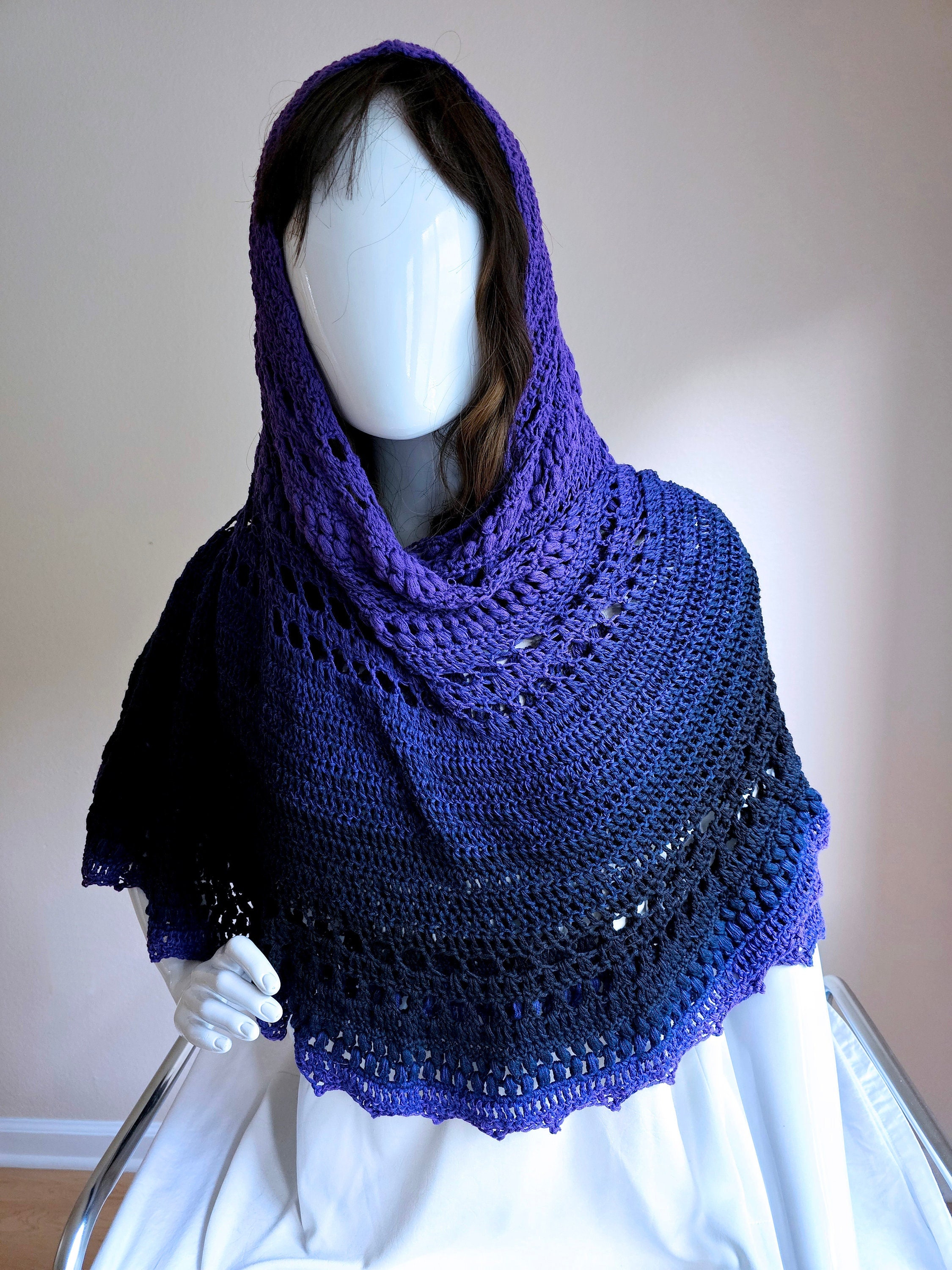 Purple Black Triangular Shawl - Handcrafted Crochet Cotton Wrap, Large Cozy Scarves for Winter, Whimsigoth Gift for Her, 3 Season Accessory - Thumbnail 2
