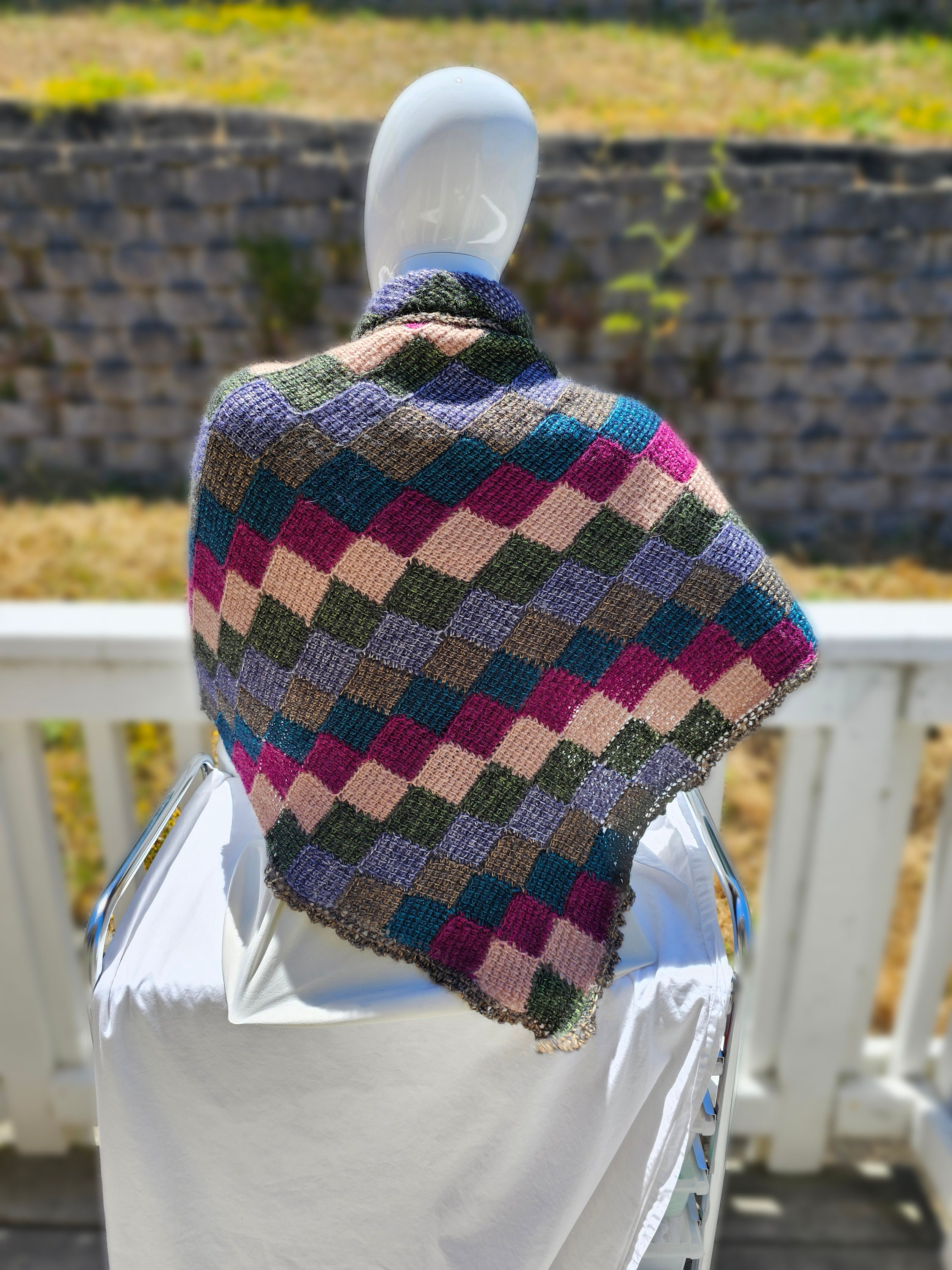 Colorful Triangle Shawl. Unique wool blend wrap. Gift for Her. Soft Crochet Shawl. Chic Striped Wrap. - Thumbnail 6