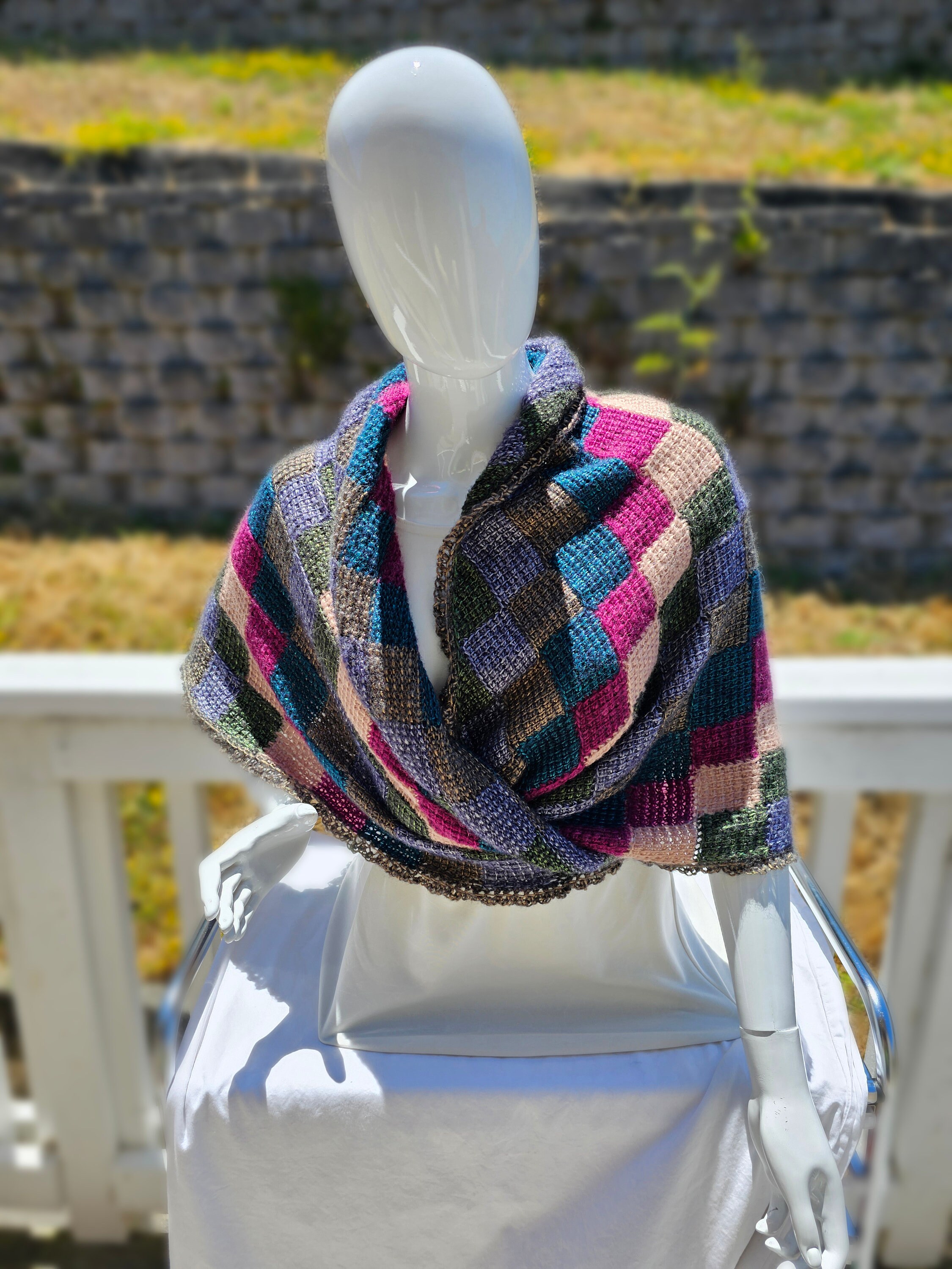 Colorful Triangle Shawl. Unique wool blend wrap. Gift for Her. Soft Crochet Shawl. Chic Striped Wrap. - Thumbnail 5