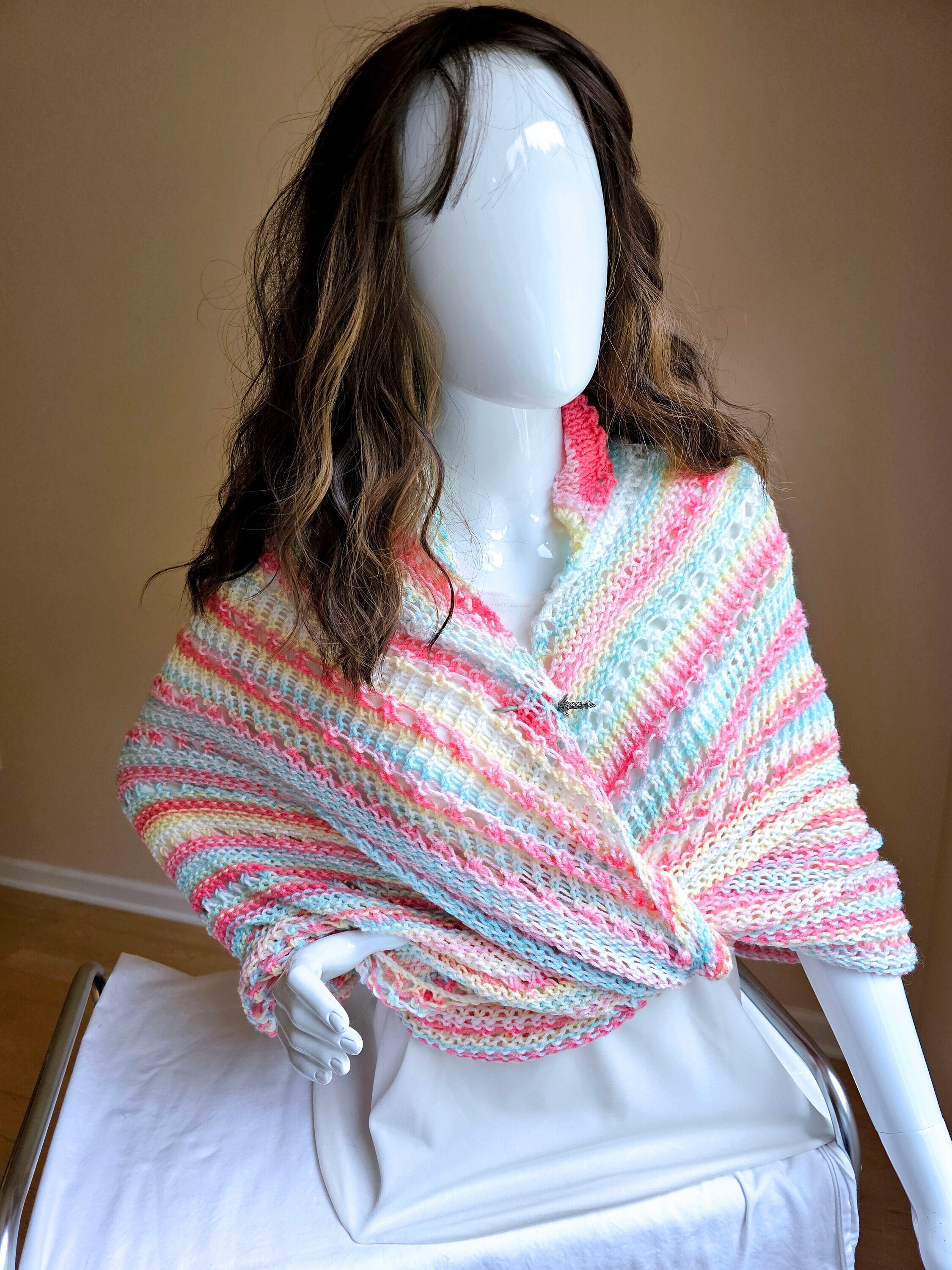 Triangular Shawl. Hand knit shawl. 3-Season shawl. Oversize shawl. Coral and turquoise. Pastel stripes shawl. Knit cover up. Hooded shawl. - Image 1