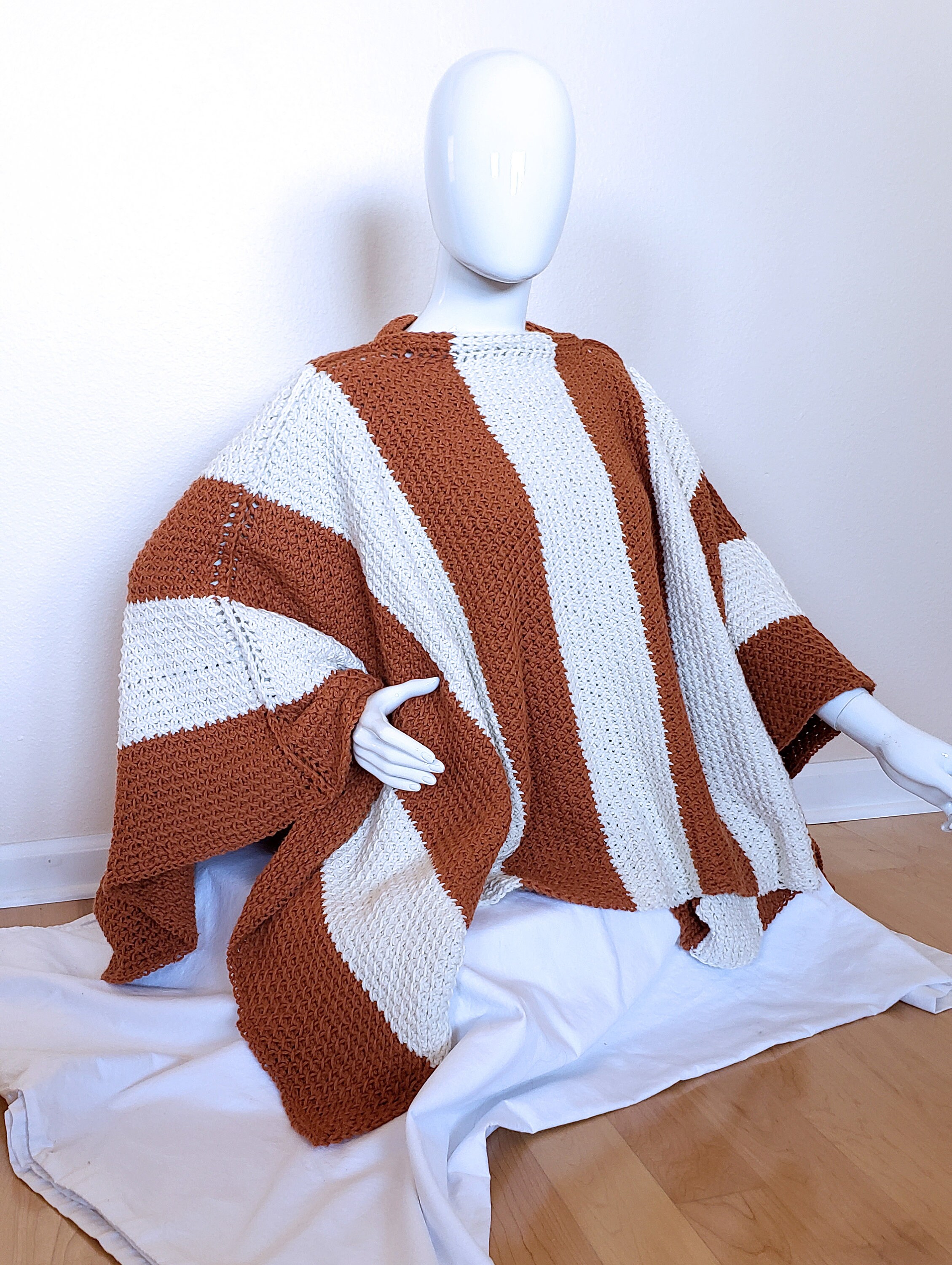 Vertically Striped Poncho - Handmade Pumpkin and Cream  Crochet Wrap - Unisex 3-Season Coverup - Cozy Boho Gift for All - Thumbnail 2