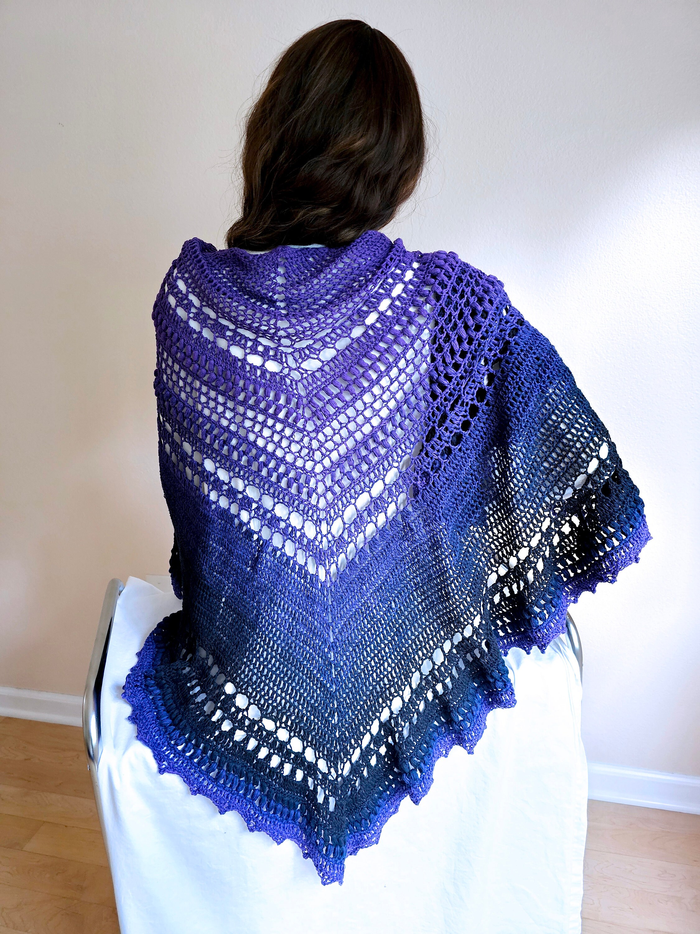 Purple Black Triangular Shawl - Handcrafted Crochet Cotton Wrap, Large Cozy Scarves for Winter, Whimsigoth Gift for Her, 3 Season Accessory - Thumbnail 5