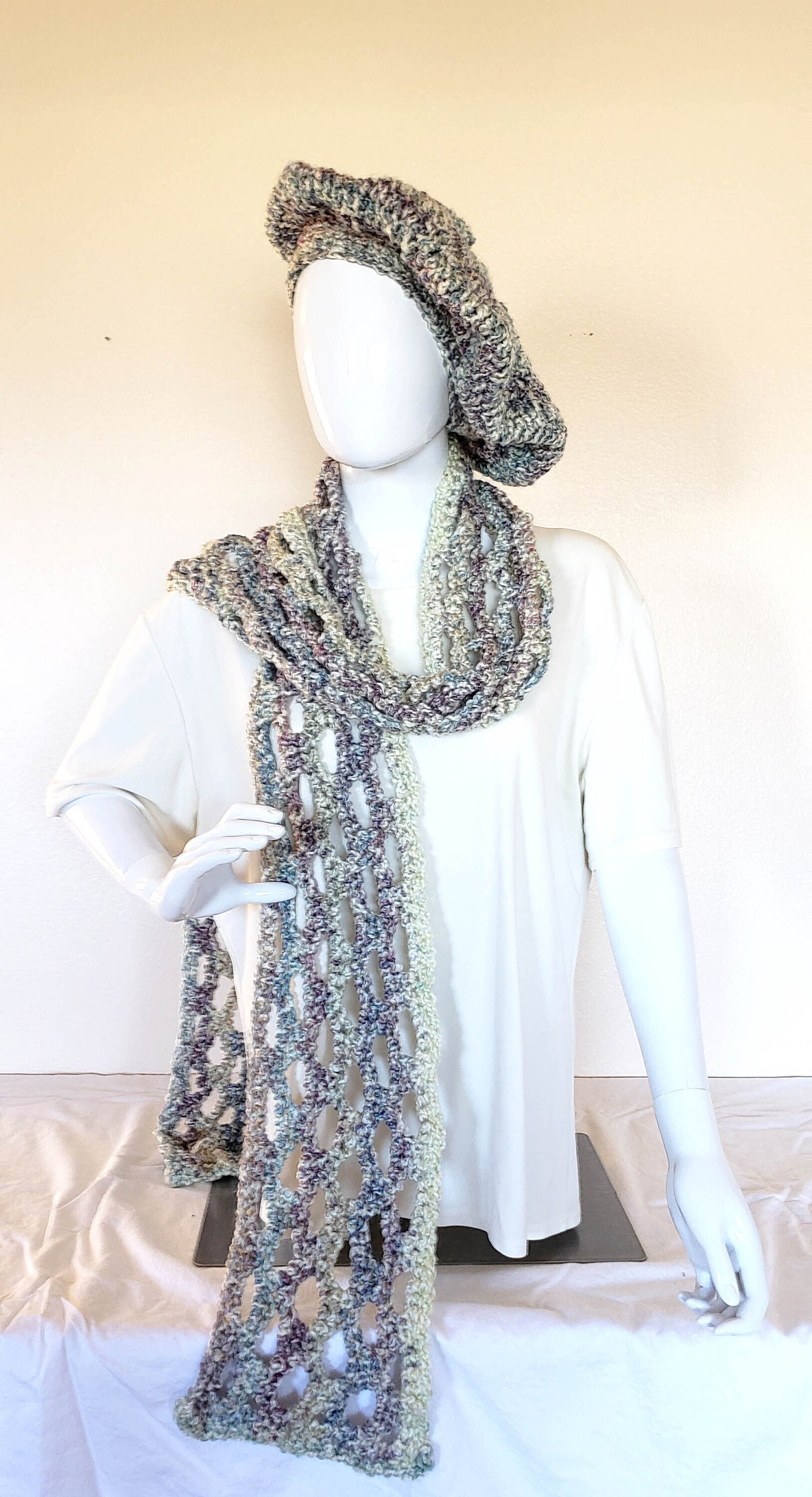 Hand Crochet 3-Season Scarf and Beret Set. Medium chunky weight.  Gift for Women. Birthday gift. Boho hat and scarf. Cream, Rose, and Teal. - Image 1
